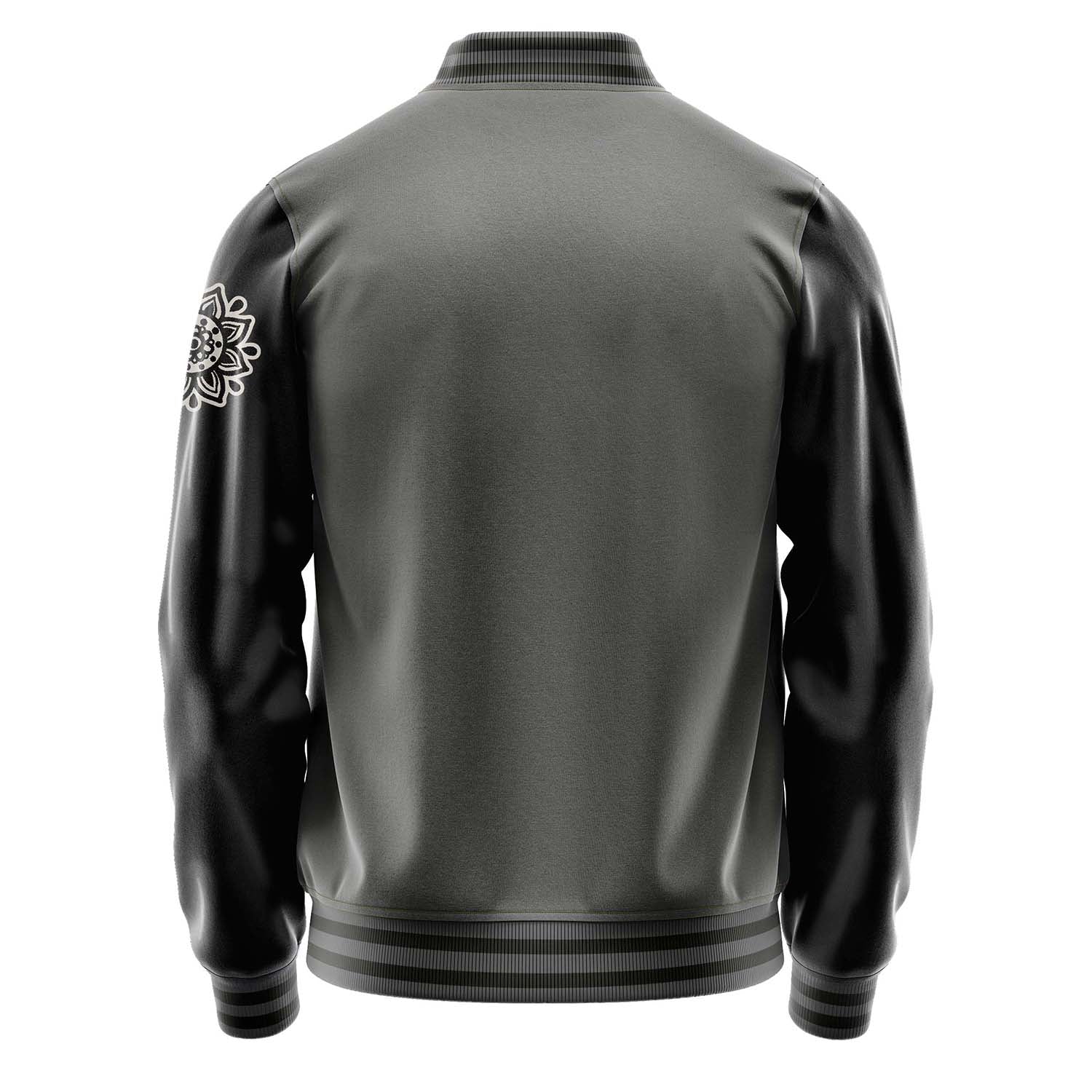 Custom Gray Varsity Jacket Patches Black Leather Sleeves - Flower