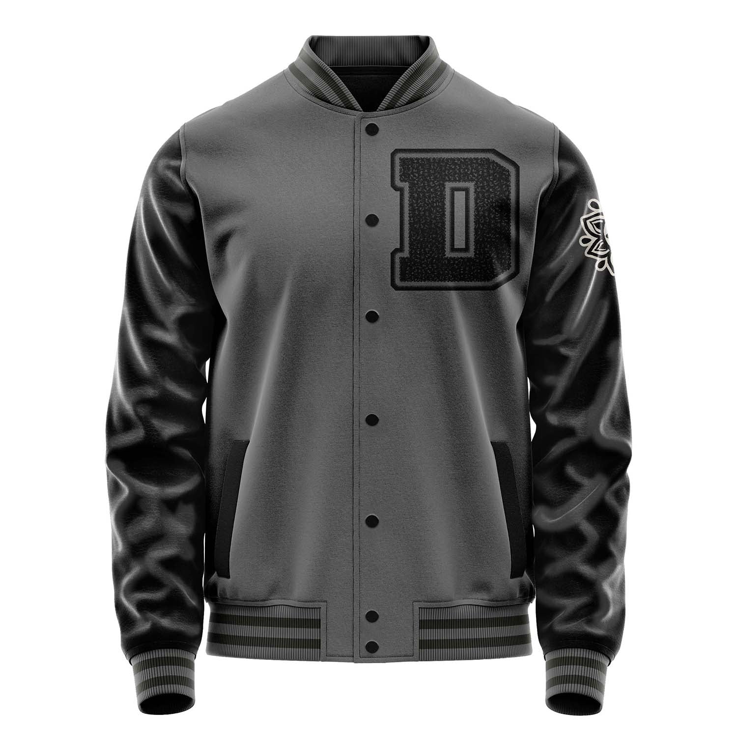 Custom Gray Varsity Jacket Patches Black Leather Sleeves - Flower