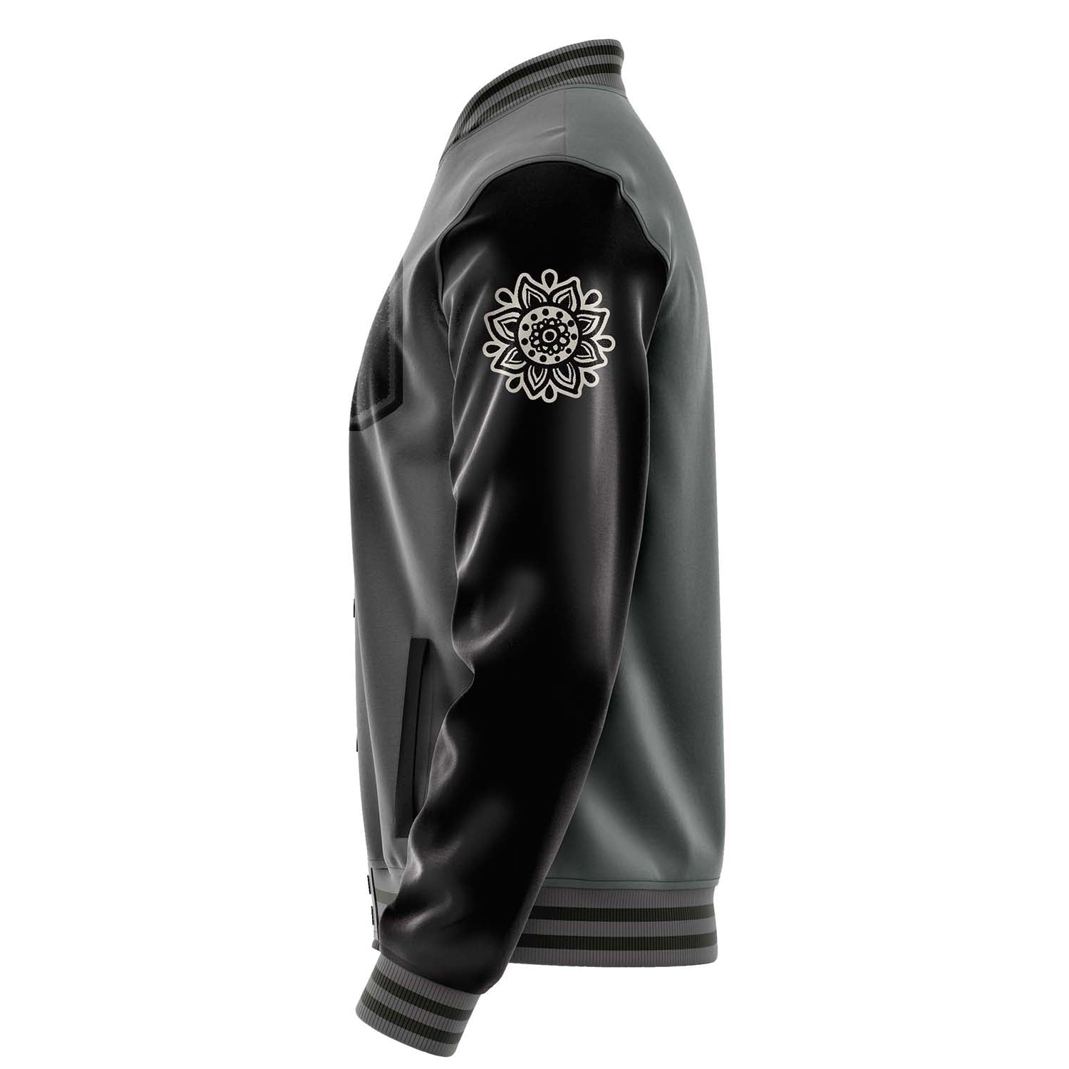 Custom Gray Varsity Jacket Patches Black Leather Sleeves - Flower