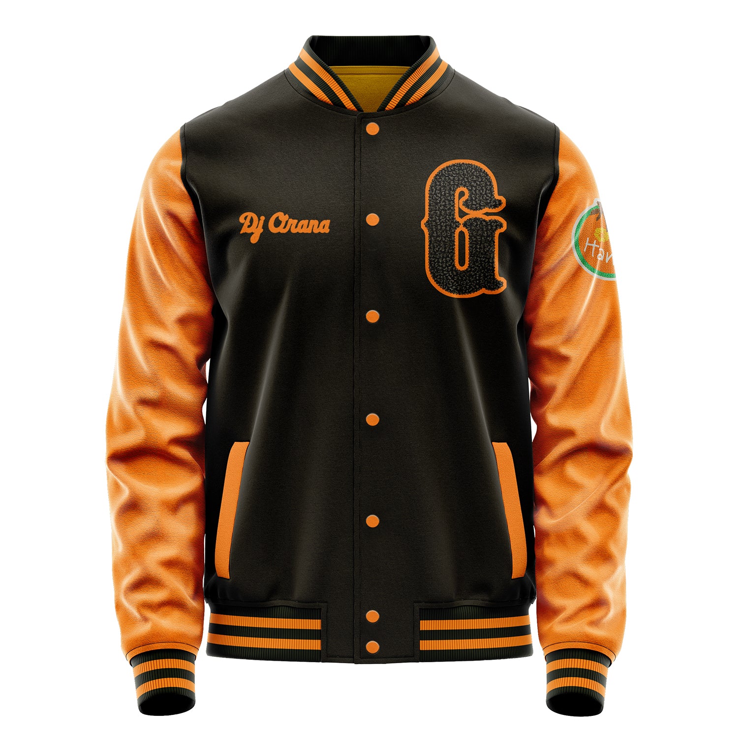 Custom Brown Varsity Jacket Patches Orange Leather Sleeves - Hawaii