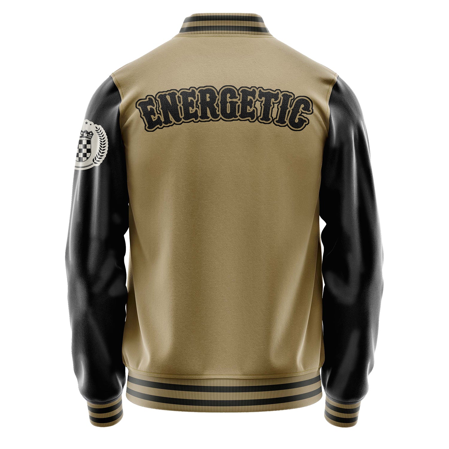 Custom Camel Varsity Jacket Patches Black Leather Sleeves - Badge