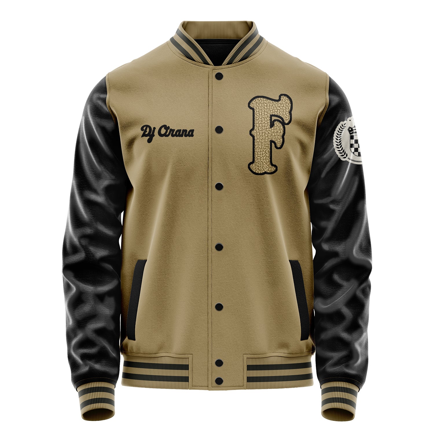 Custom Camel Varsity Jacket Patches Black Leather Sleeves - Badge