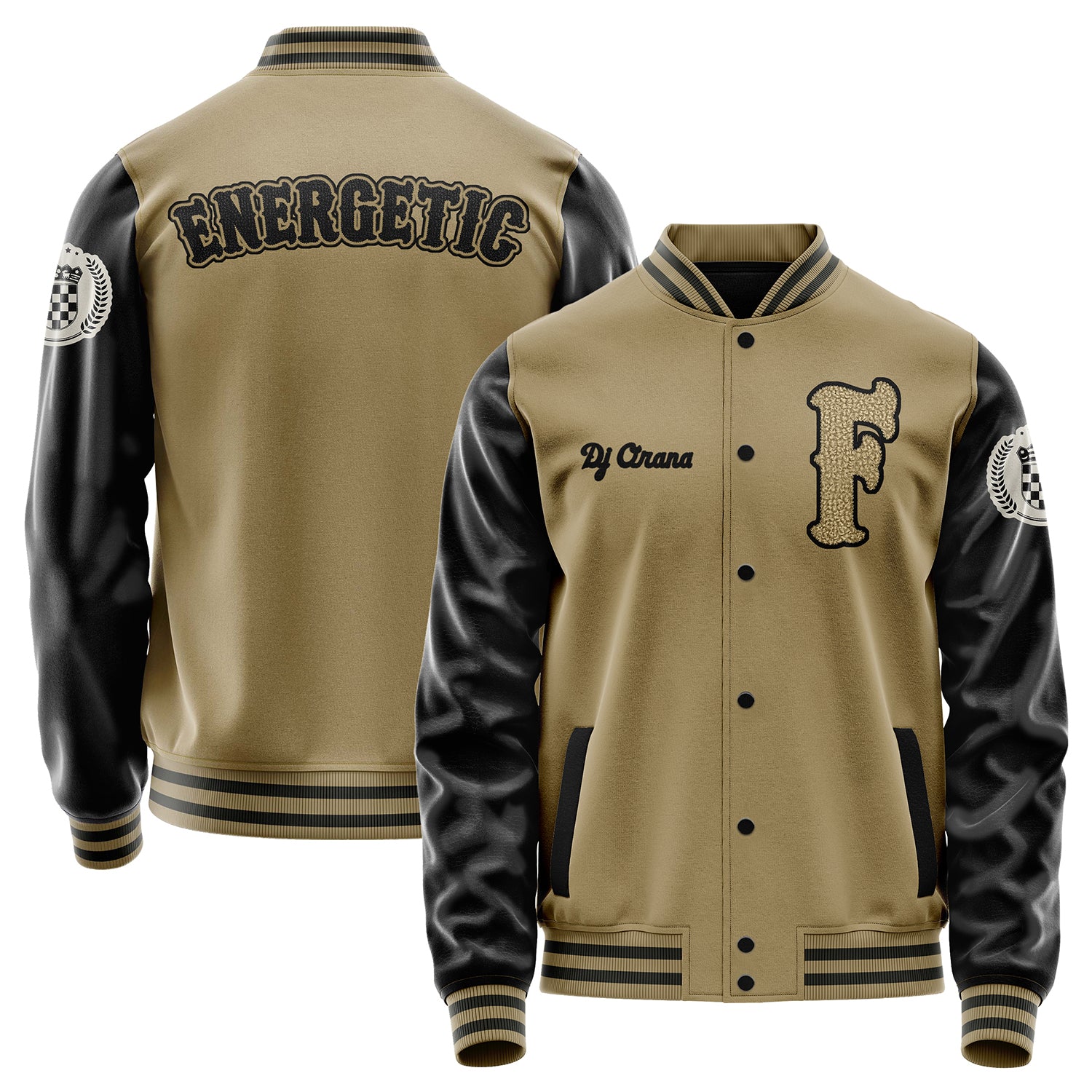 Custom Camel Varsity Jacket Patches Black Leather Sleeves - Badge