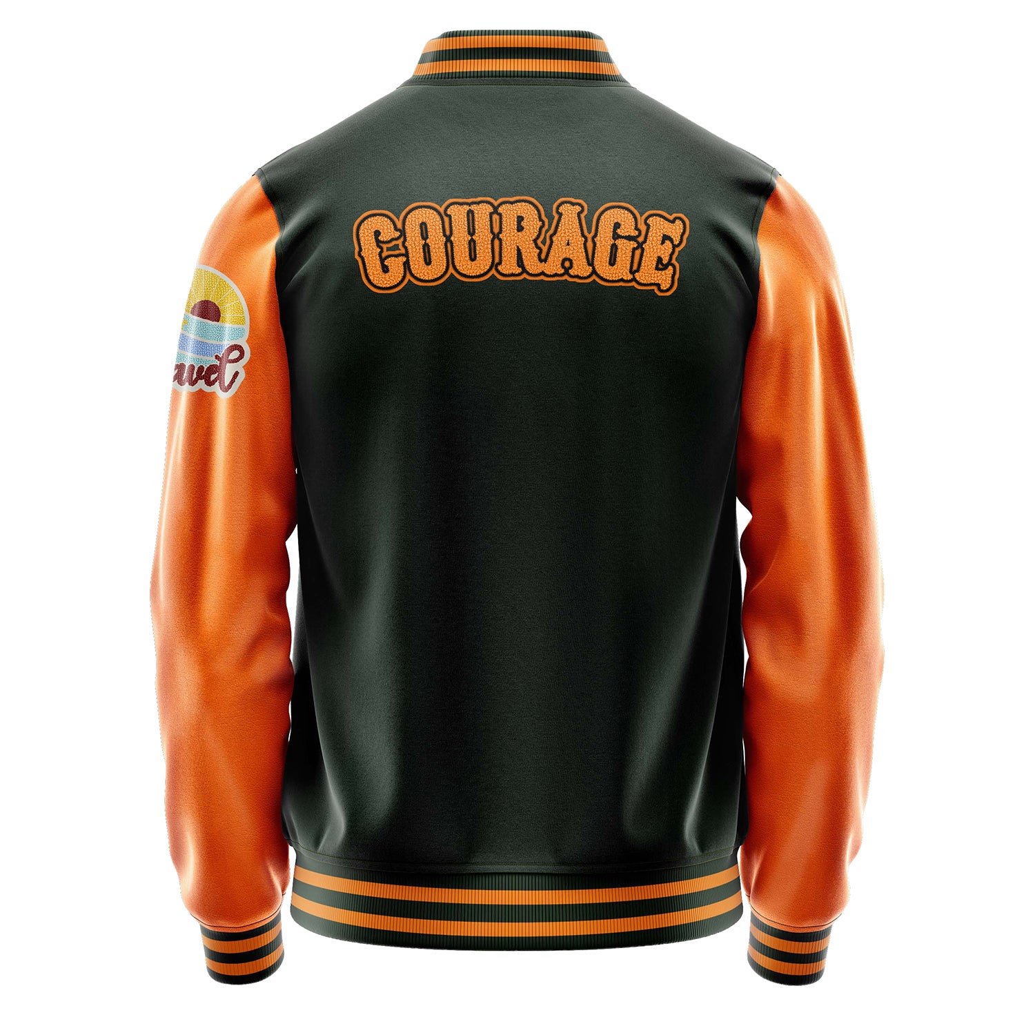 Custom Dark Green Varsity Jacket Patches Orange Leather Sleeves - Travel Insel