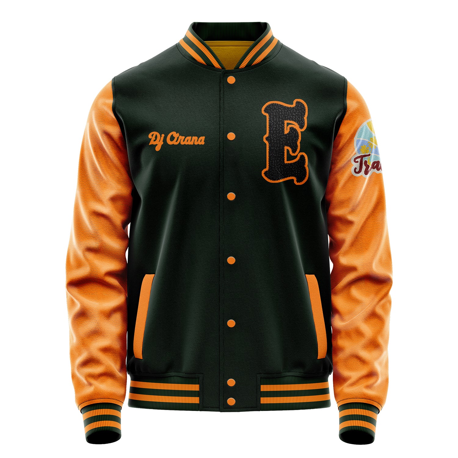 Custom Dark Green Varsity Jacket Patches Orange Leather Sleeves - Travel Insel