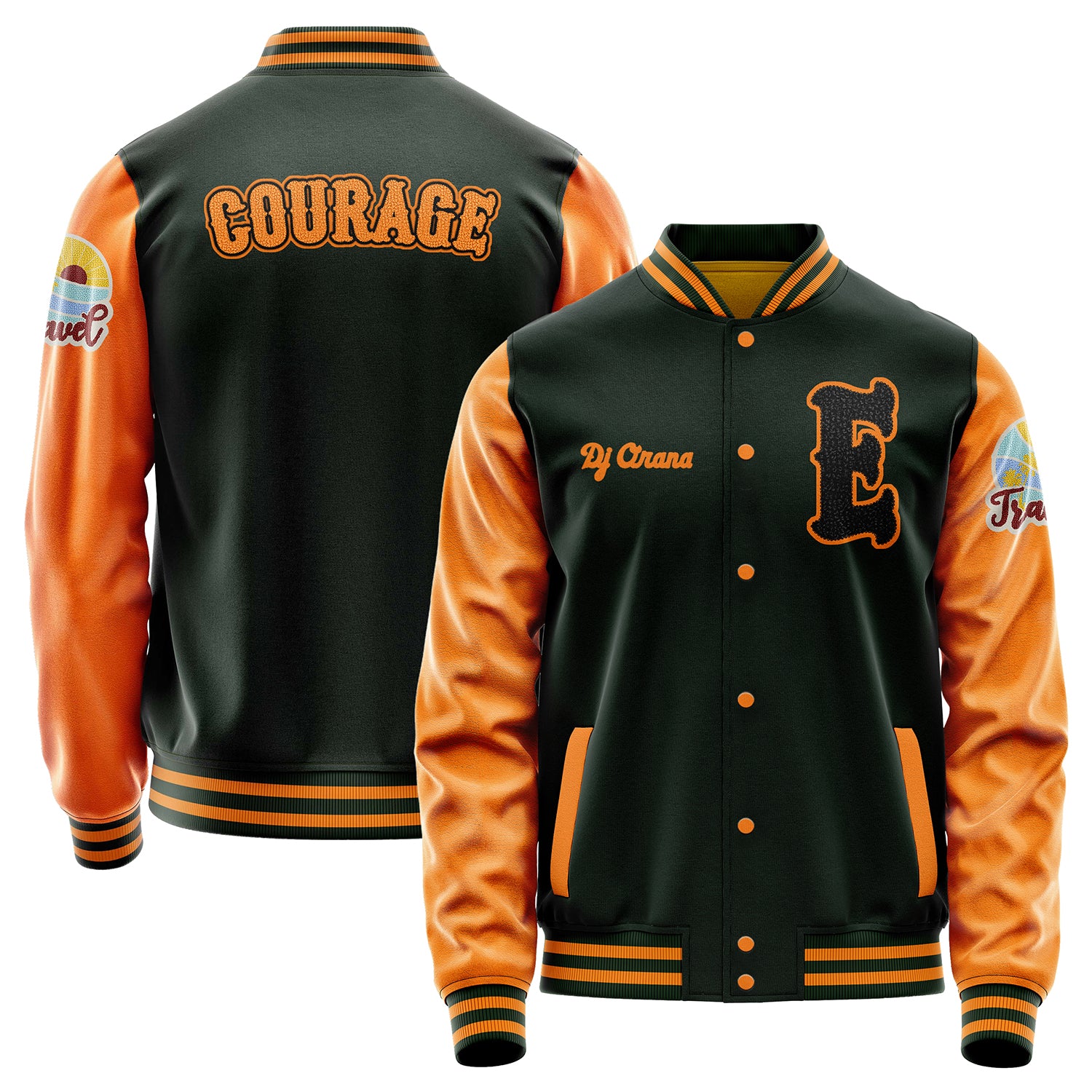 Custom Dark Green Varsity Jacket Patches Orange Leather Sleeves - Travel Insel