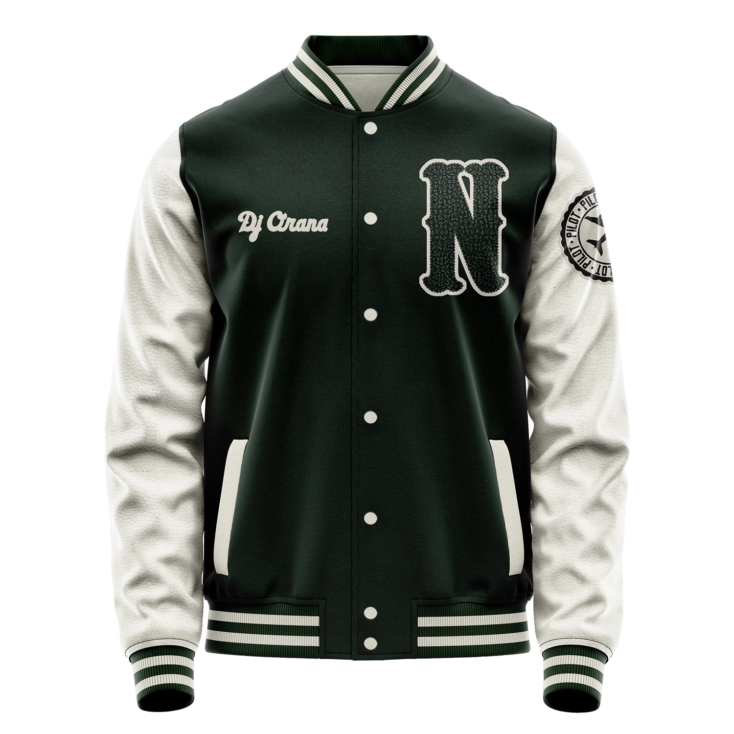 Custom Dark Green Varsity Jacket Patches Beige Leather Sleeves - Badge