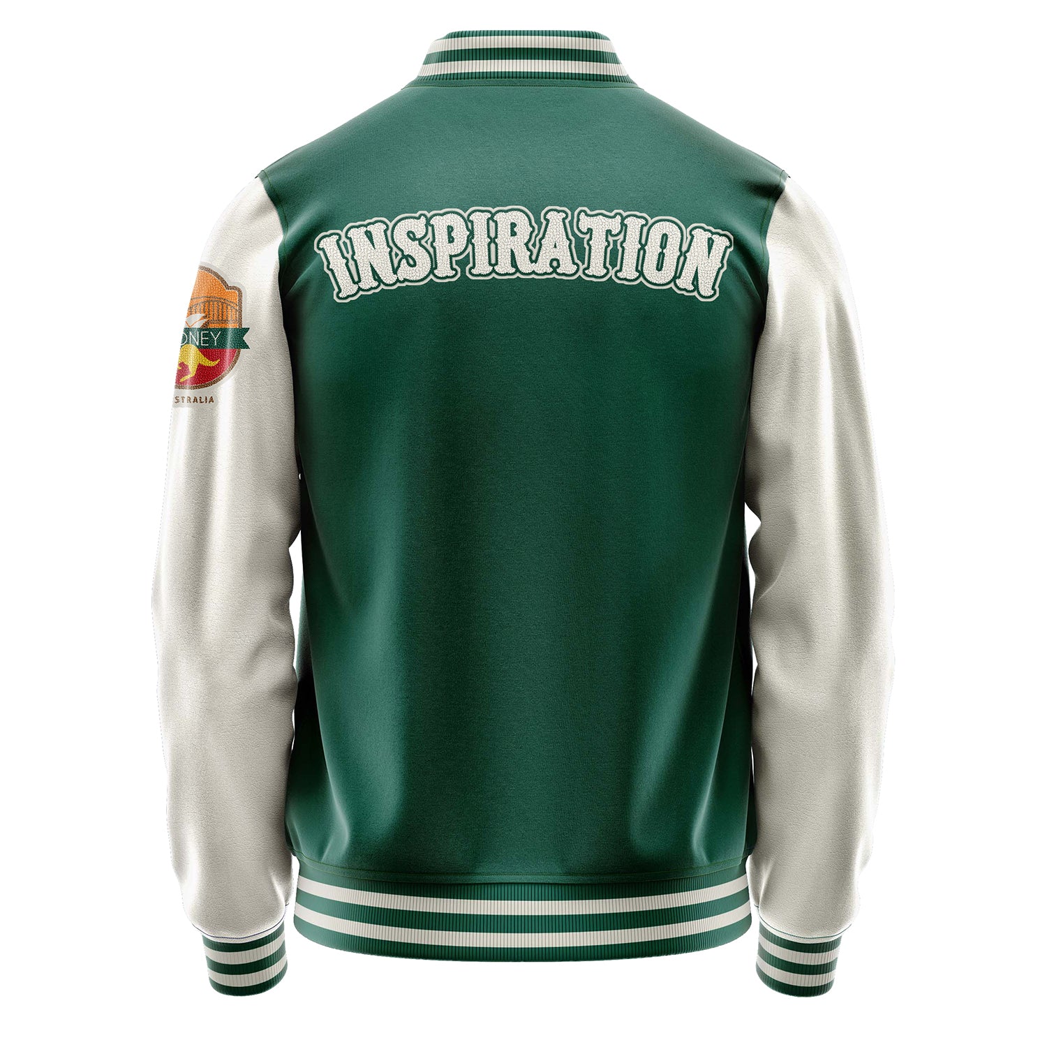Custom Green Varsity Jacket Patches Beige Leather Sleeves - Sydney
