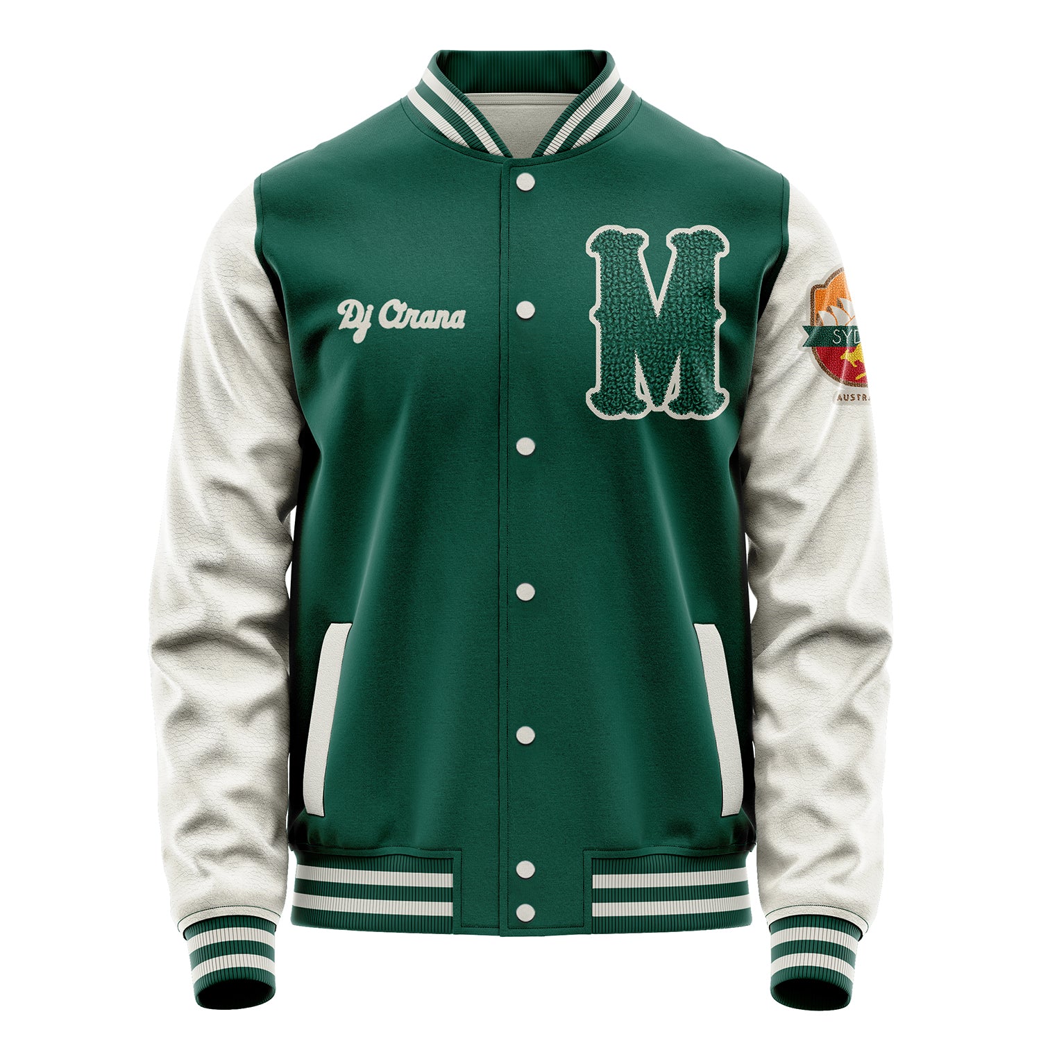 Custom Green Varsity Jacket Patches Beige Leather Sleeves - Sydney