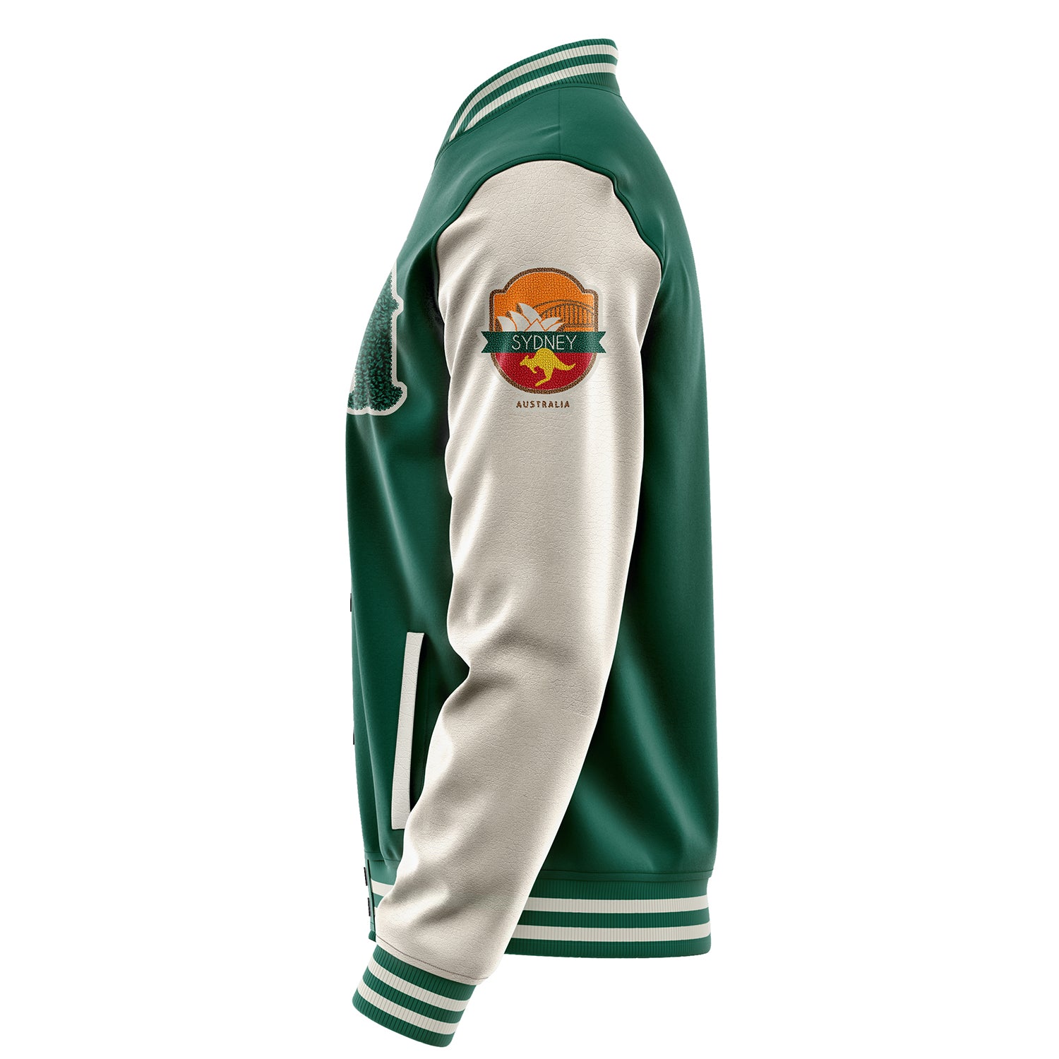 Custom Green Varsity Jacket Patches Beige Leather Sleeves - Sydney