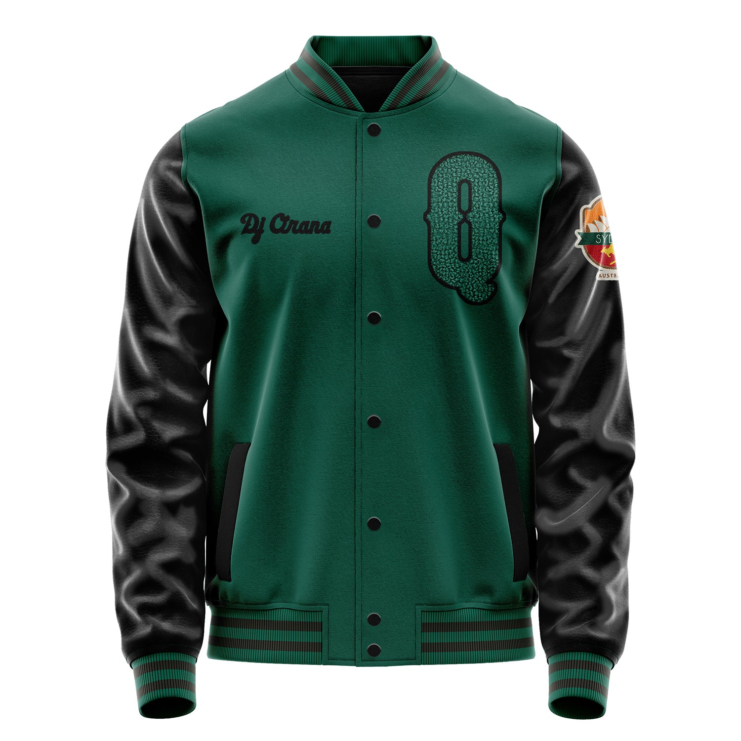 Custom Green Varsity Jacket Patches Black Leather Sleeves - Hawaii