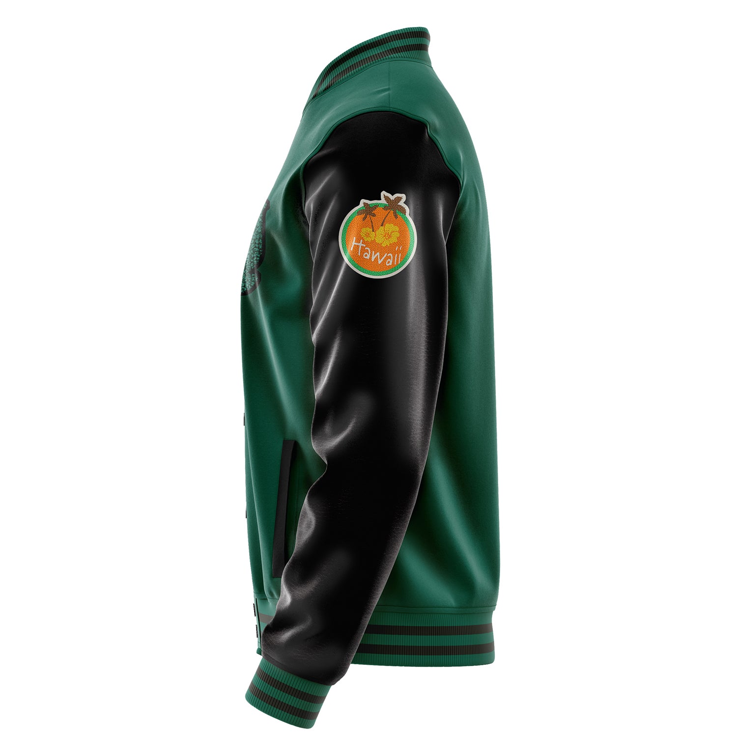 Custom Green Varsity Jacket Patches Black Leather Sleeves - Hawaii
