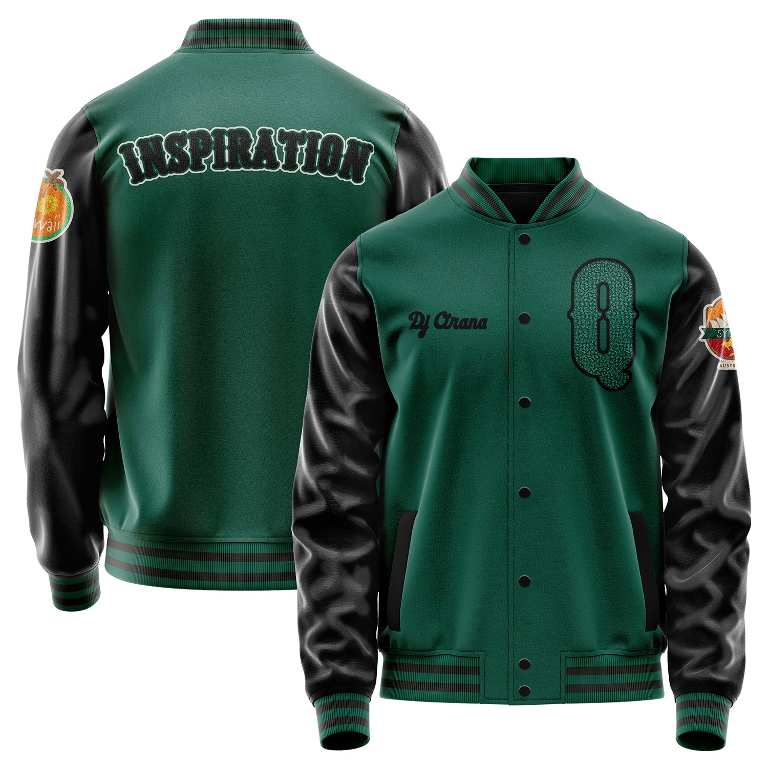 Custom Green Varsity Jacket Patches Black Leather Sleeves - Hawaii