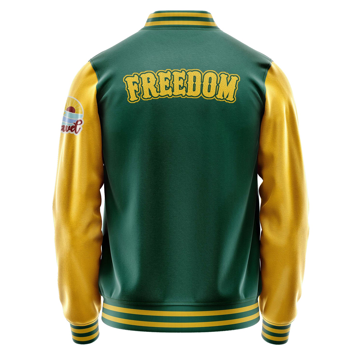 Custom Green Varsity Jacket Patches Egg Yellow Leather Sleeves - Travel Insel