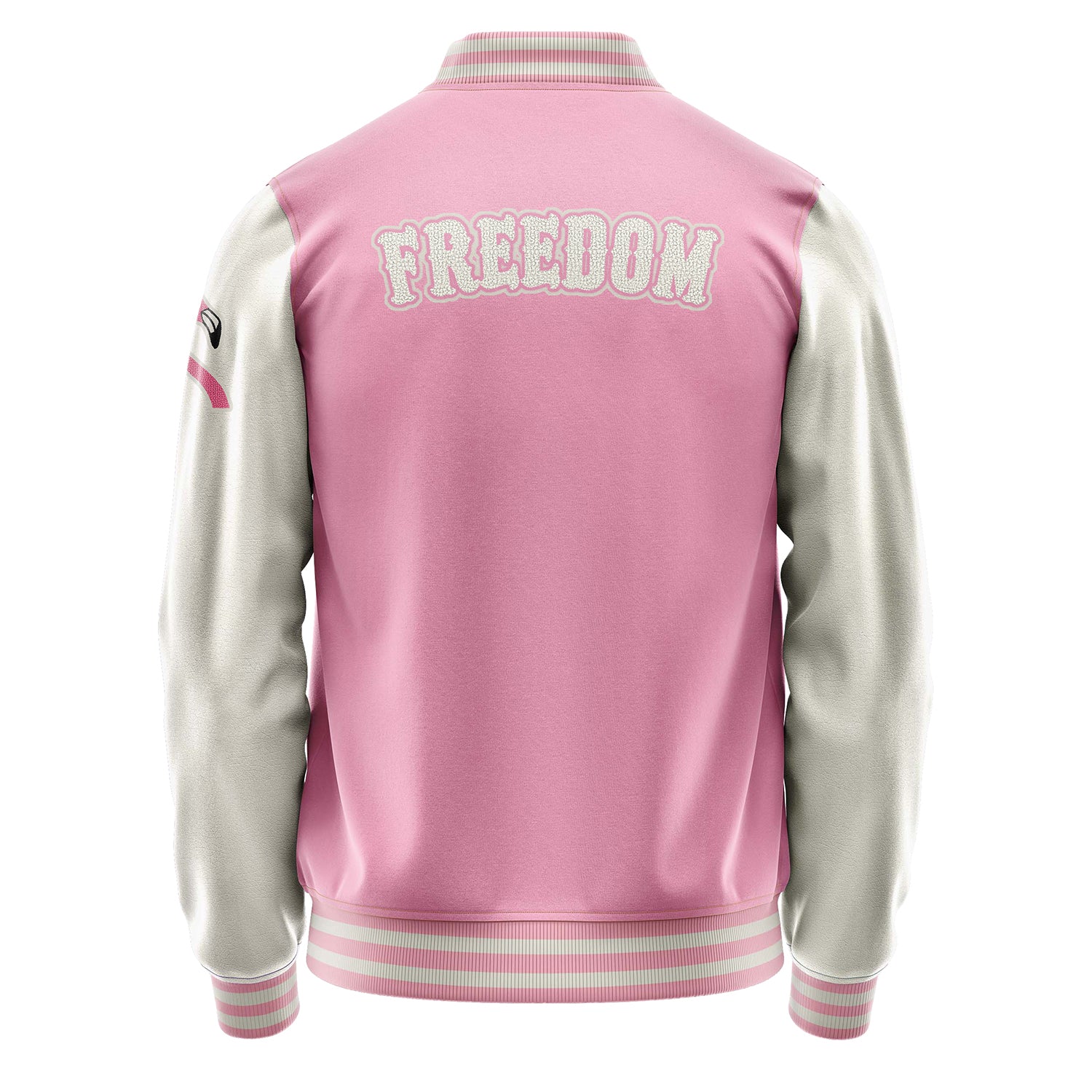 Custom Pink Varsity Jacket Patches Beige Leather Sleeves - Flamingo