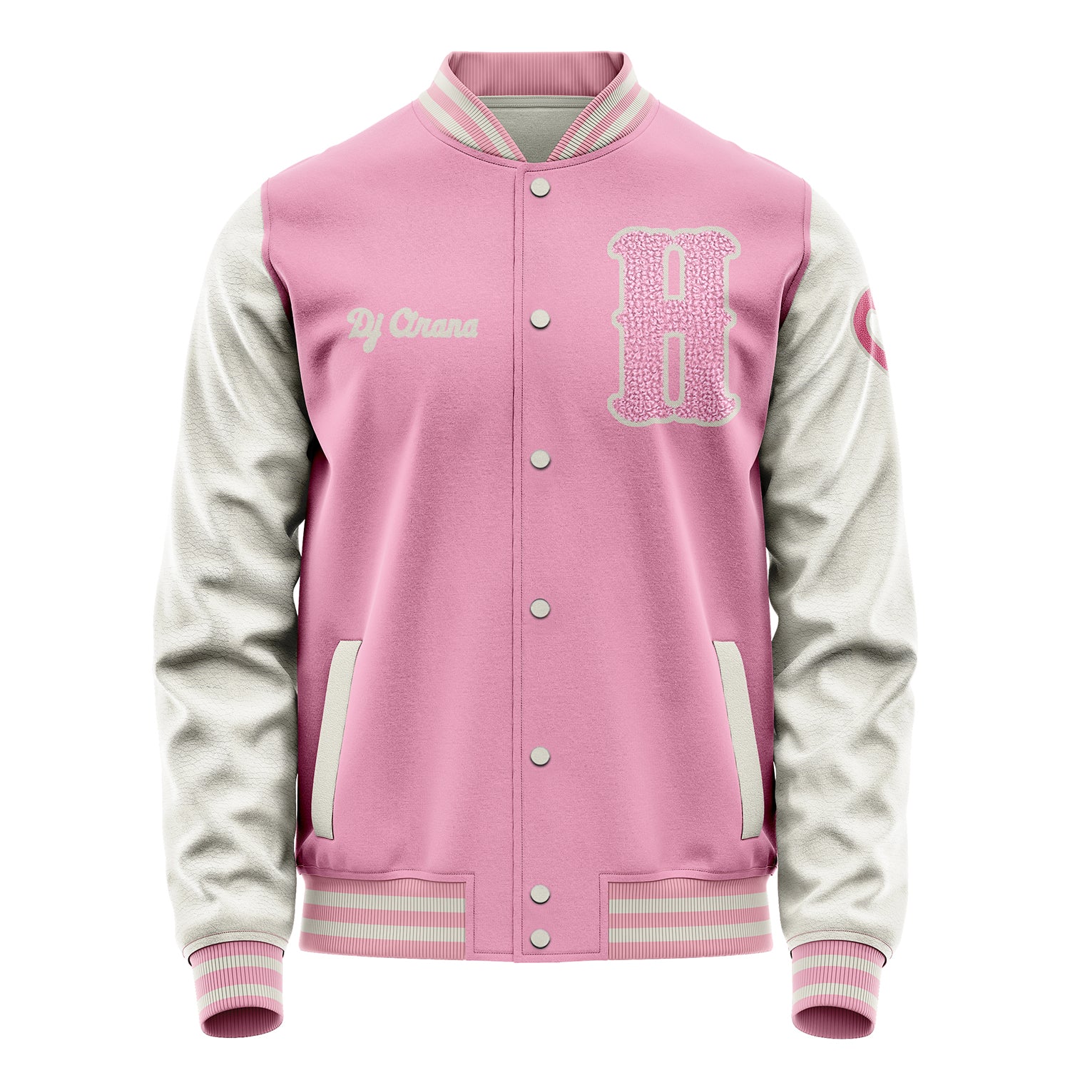 Custom Pink Varsity Jacket Patches Beige Leather Sleeves - Flamingo