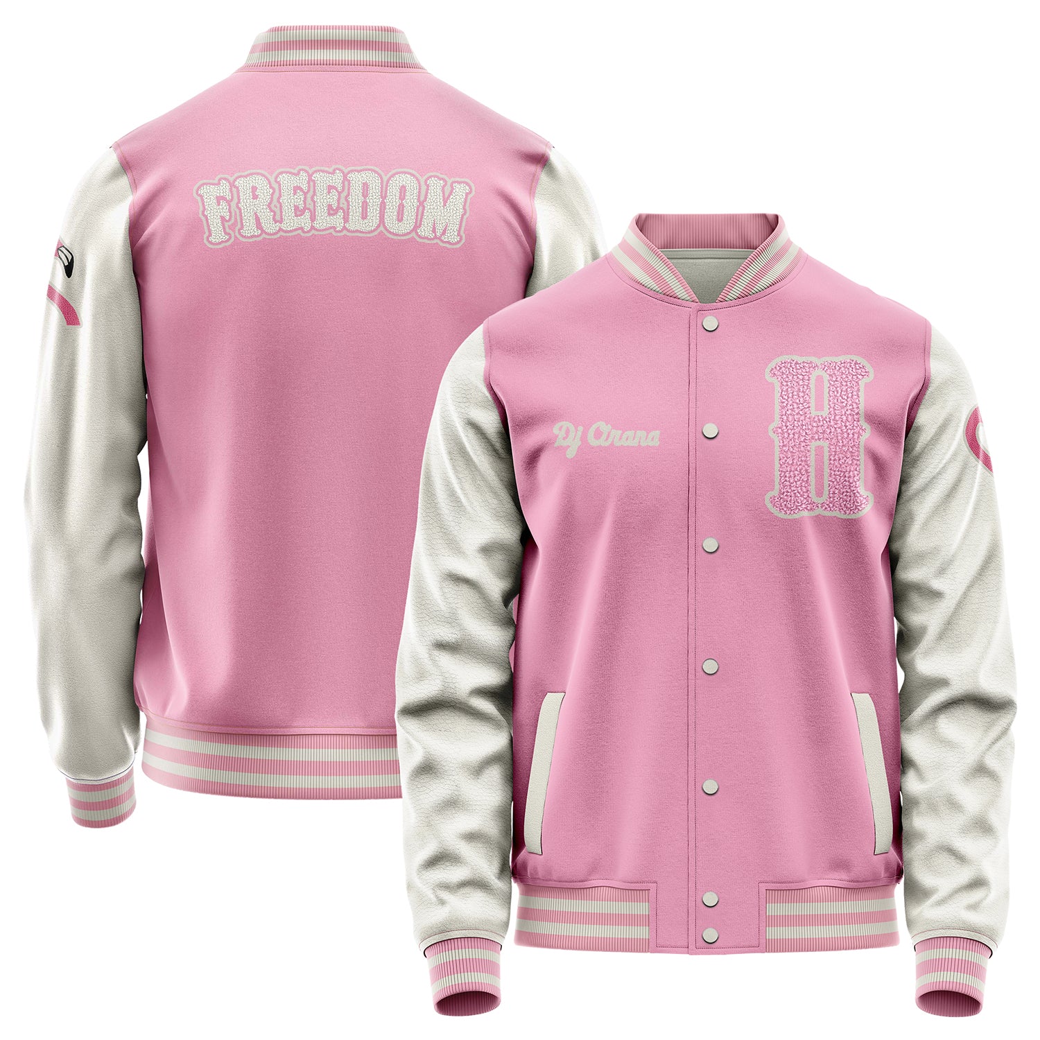 Custom Pink Varsity Jacket Patches Beige Leather Sleeves - Flamingo