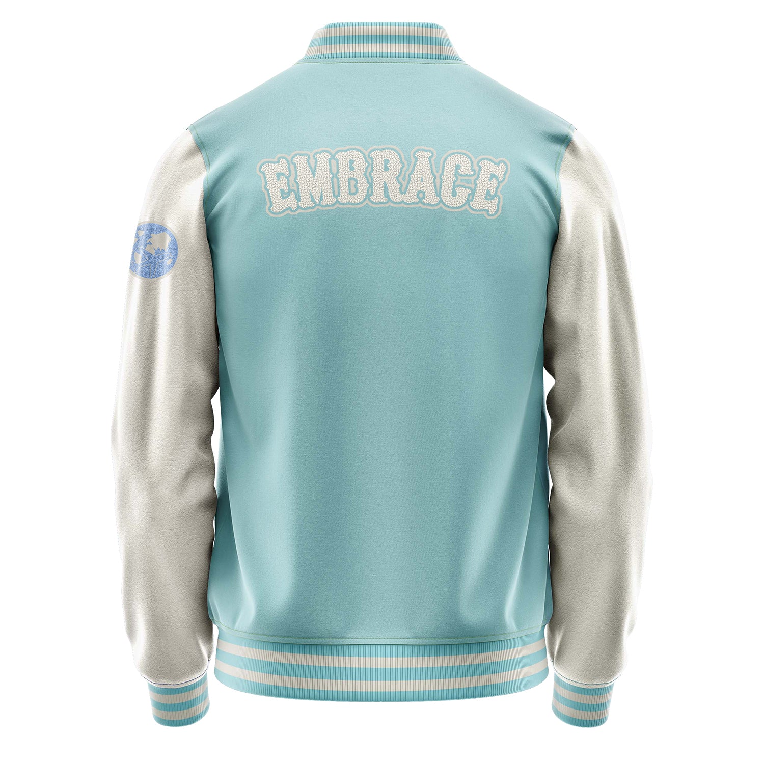 Custom Light Blue Varsity Jacket Patches Beige Leather Sleeves - Travel