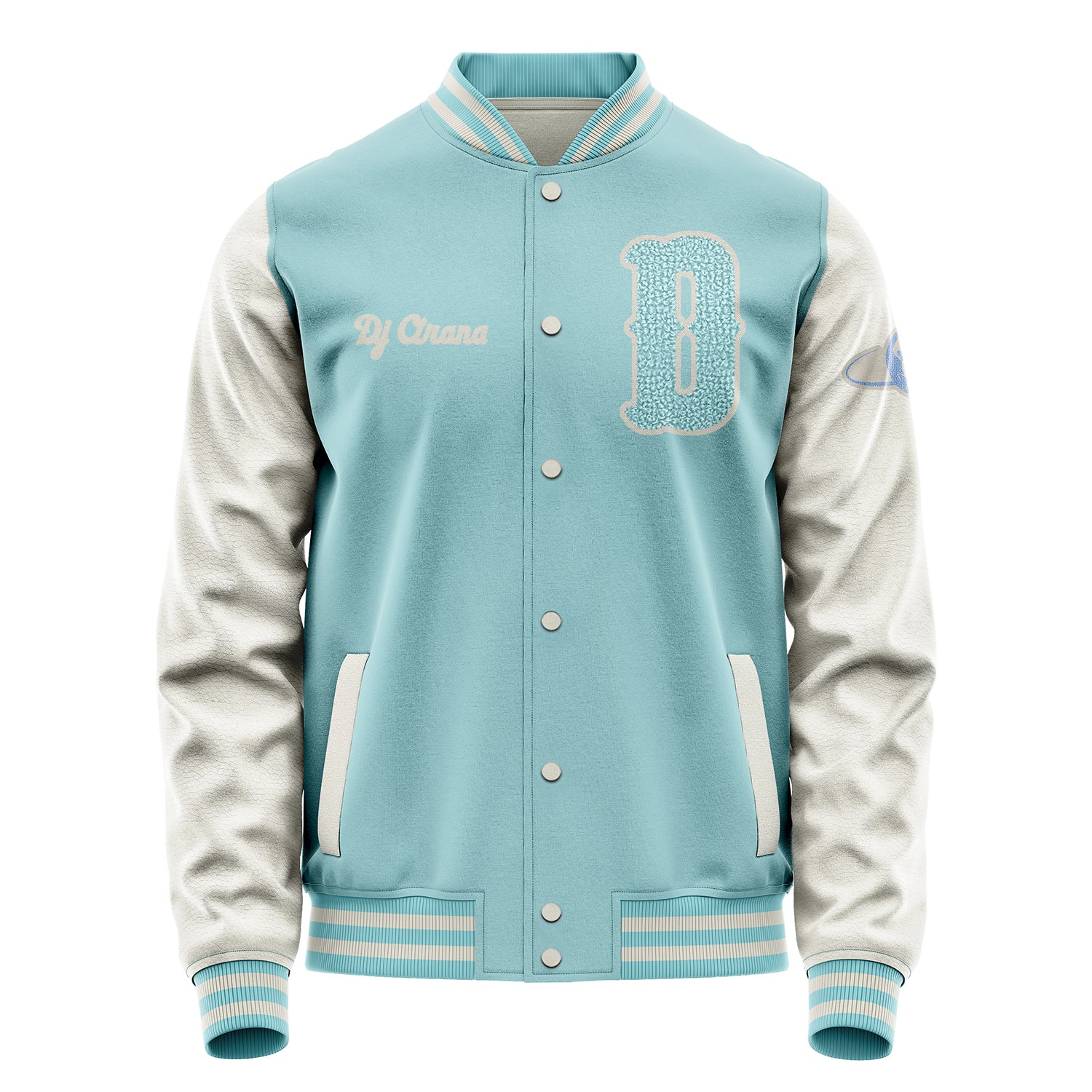 Custom Light Blue Varsity Jacket Patches Beige Leather Sleeves - Travel