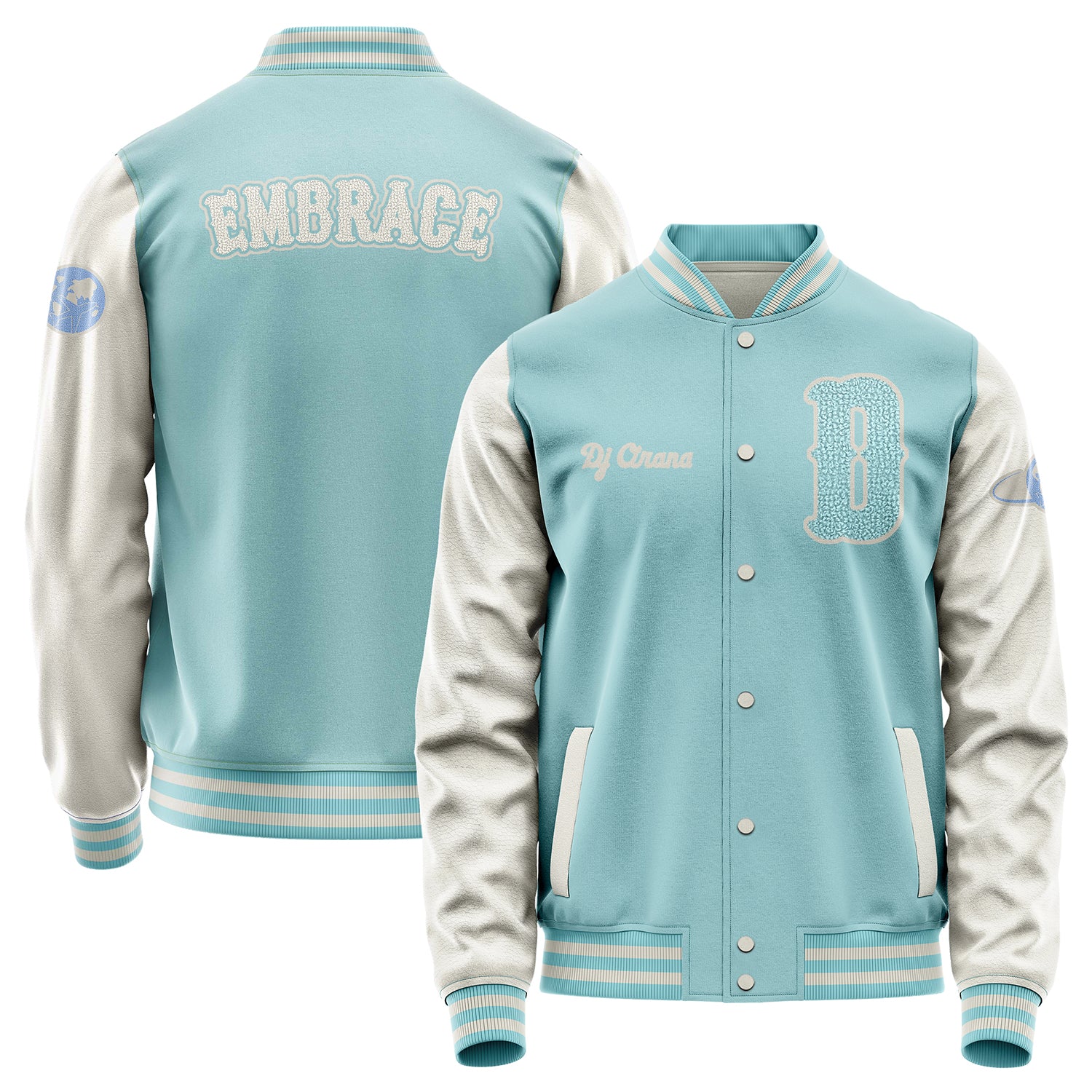 Custom Light Blue Varsity Jacket Patches Beige Leather Sleeves - Travel