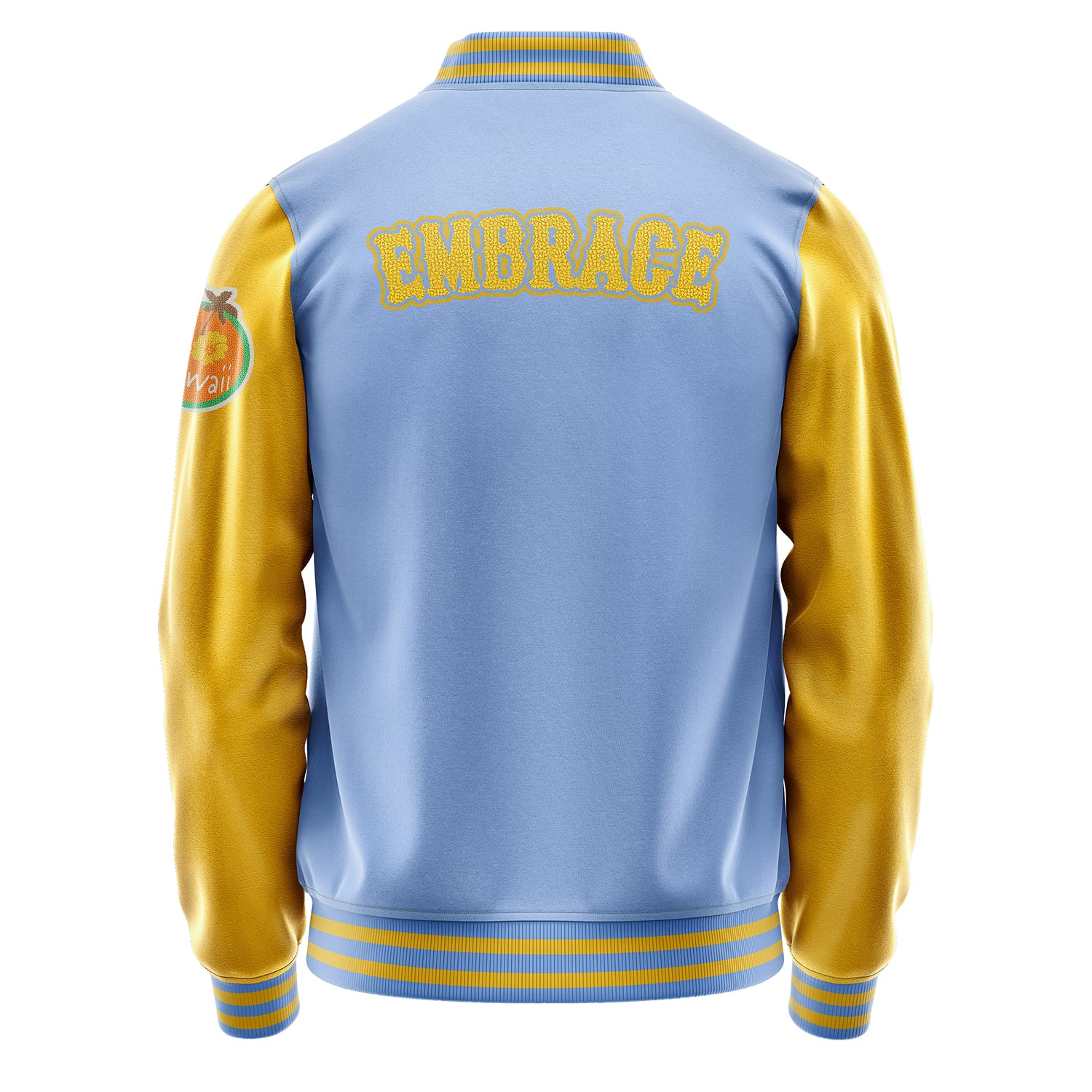 Custom Sky Blue Varsity Jacket Patches Egg Yellow Leather Sleeves - Hawaii