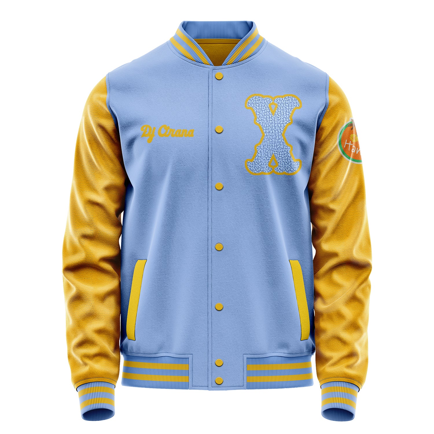 Custom Sky Blue Varsity Jacket Patches Egg Yellow Leather Sleeves - Hawaii