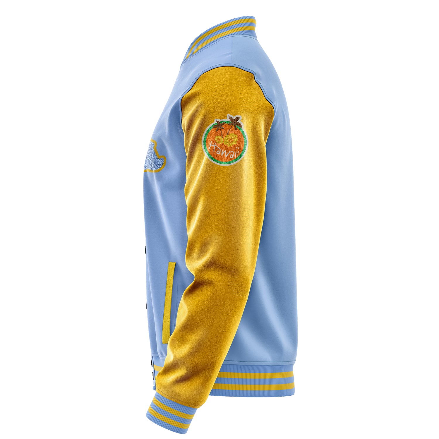 Custom Sky Blue Varsity Jacket Patches Egg Yellow Leather Sleeves - Hawaii