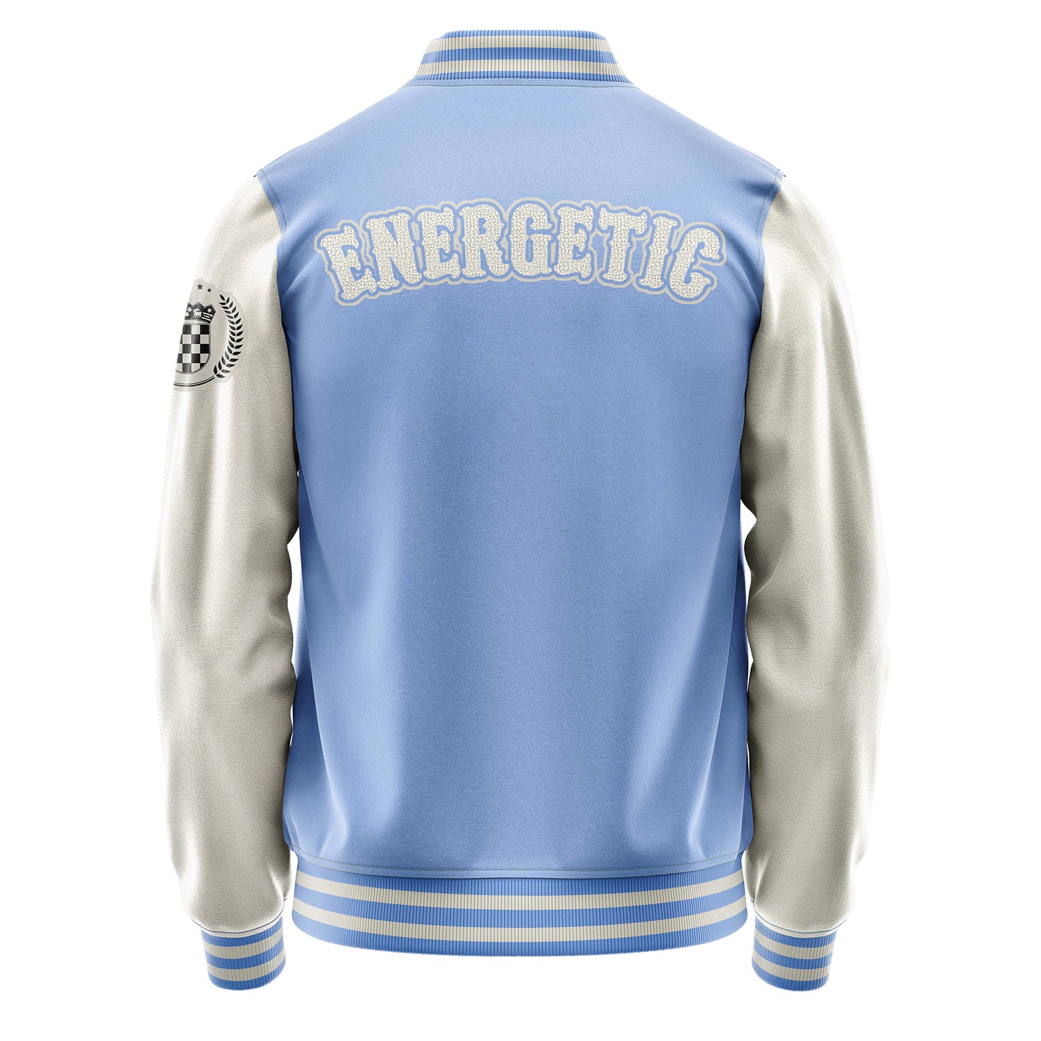 Custom Sky Blue Varsity Jacket Patches Beige Leather Sleeves - Badge