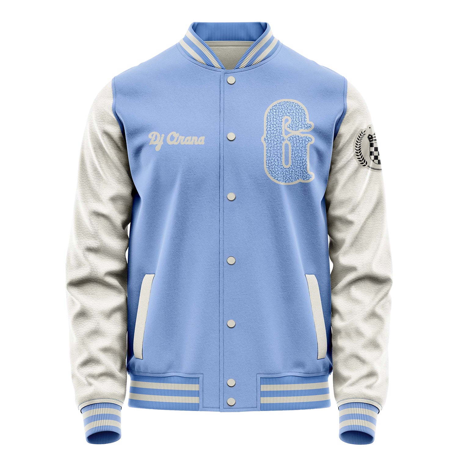 Custom Sky Blue Varsity Jacket Patches Beige Leather Sleeves - Badge