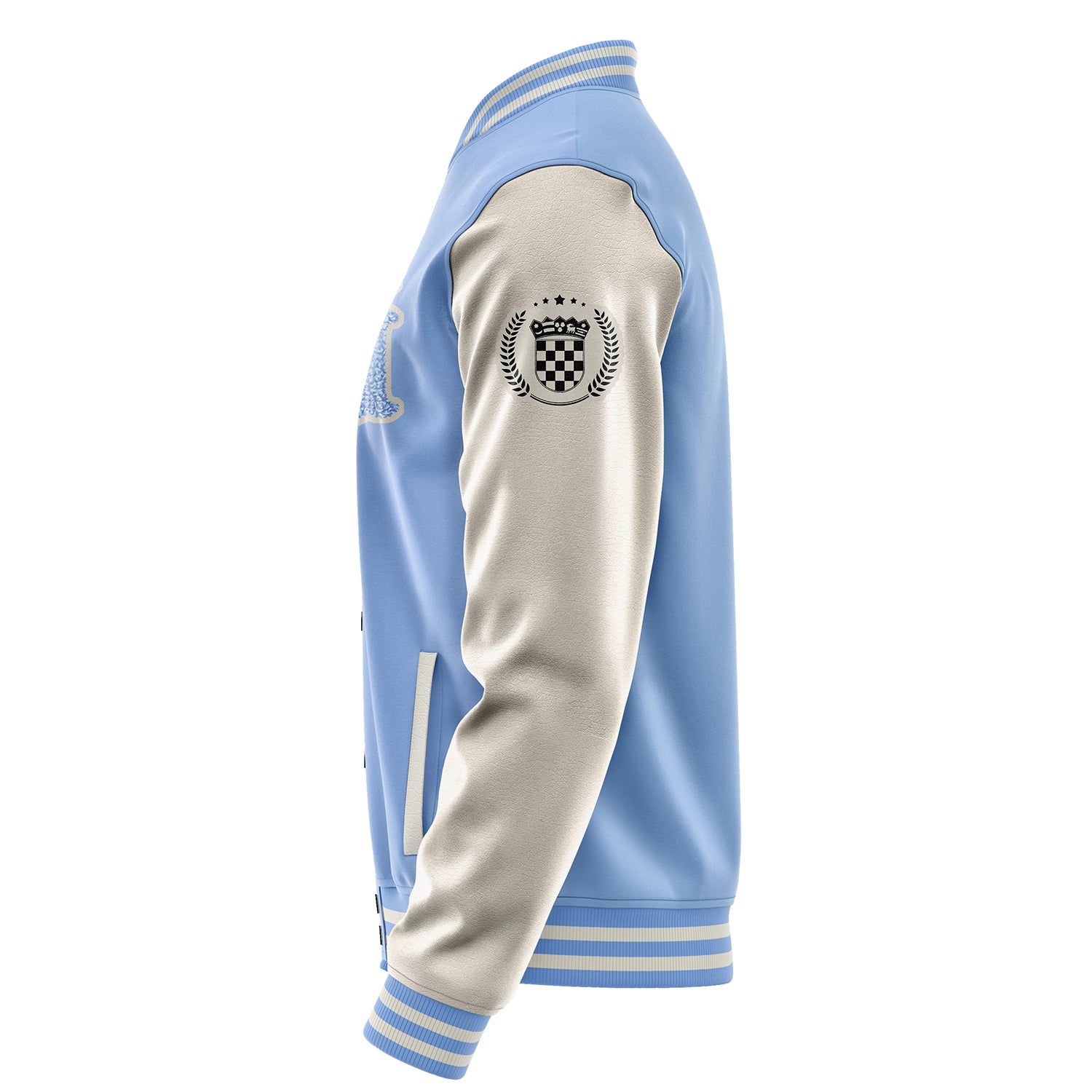 Custom Sky Blue Varsity Jacket Patches Beige Leather Sleeves - Badge