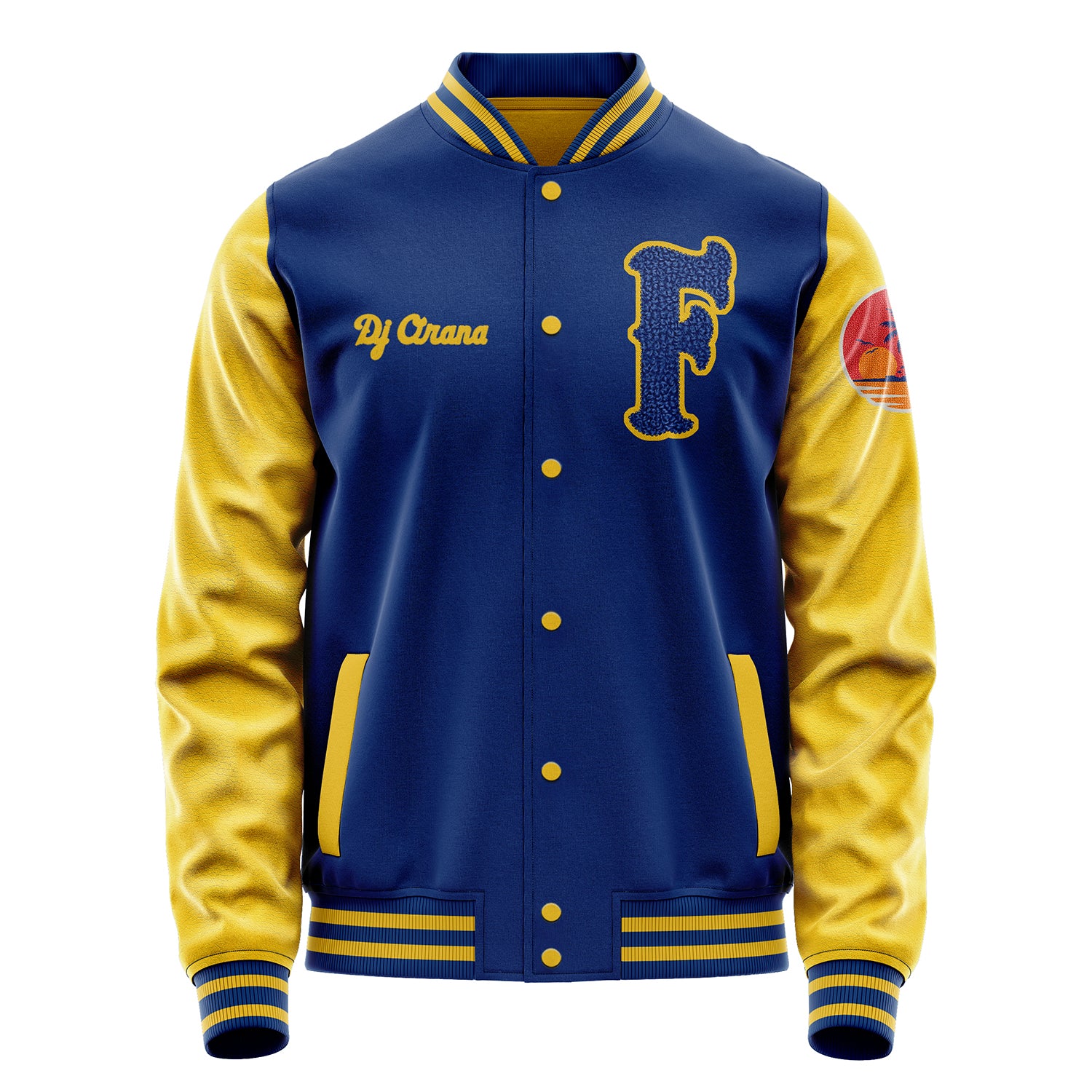 Custom Royal Blue Varsity Jacket Patches Egg Yellow Leather Sleeves - Insel