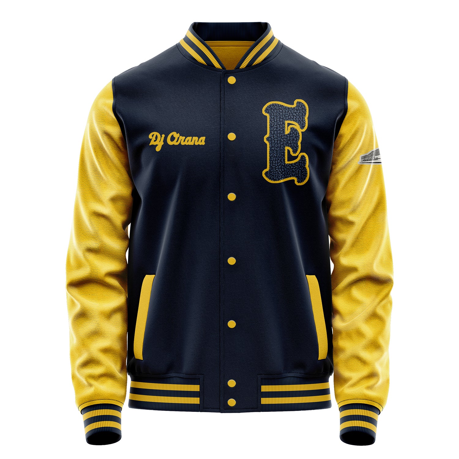 Custom Navy Blue Varsity Jacket Patches Egg Yellow Leather Sleeves - Yacht