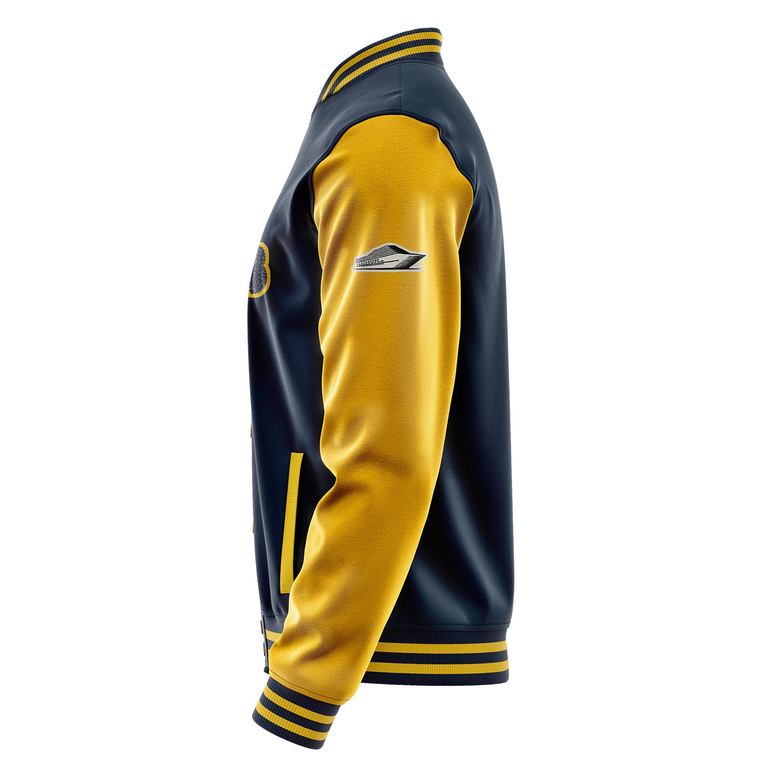 Custom Navy Blue Varsity Jacket Patches Egg Yellow Leather Sleeves - Yacht