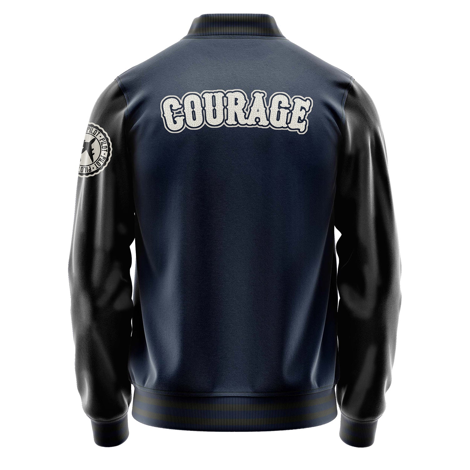 Custom Navy Blue Varsity Jacket Patches Black Leather Sleeves - Badge
