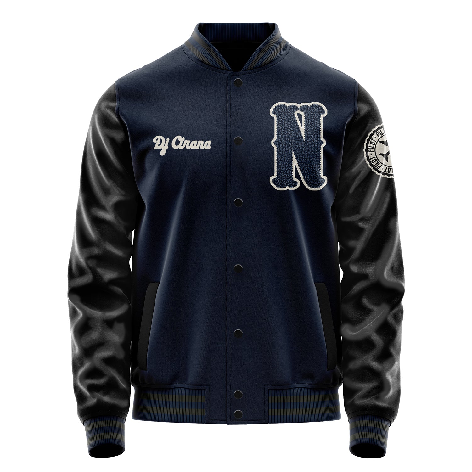 Custom Navy Blue Varsity Jacket Patches Black Leather Sleeves - Badge