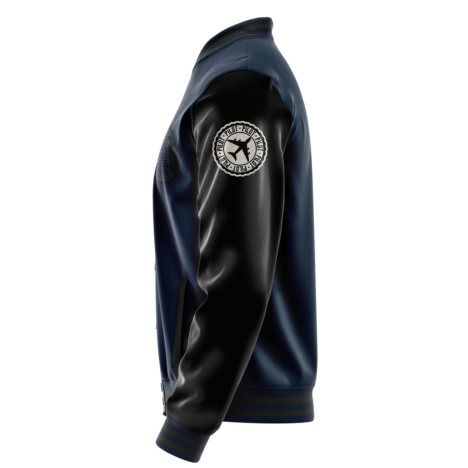 Custom Navy Blue Varsity Jacket Patches Black Leather Sleeves - Badge