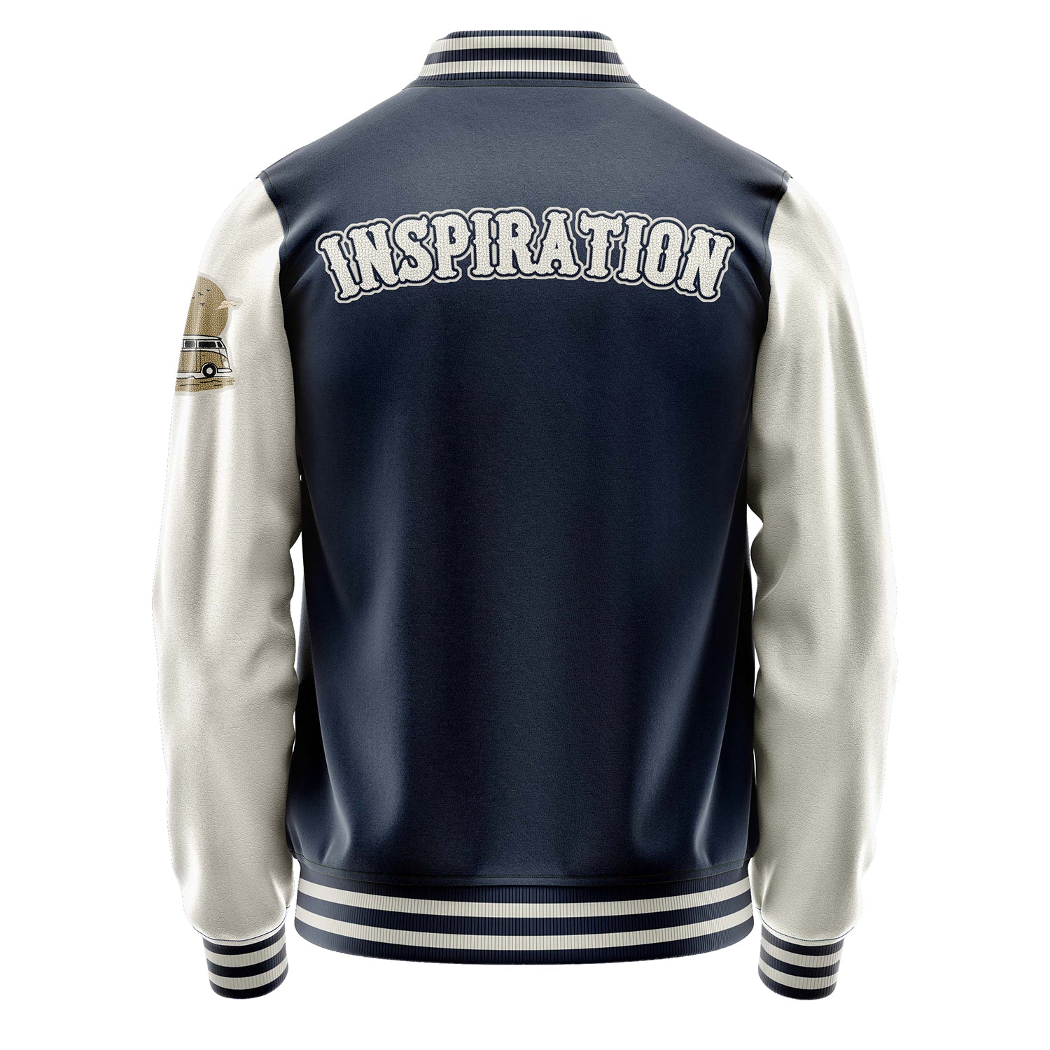Custom Navy Blue Varsity Jacket Patches Beige Leather Sleeves - Bus