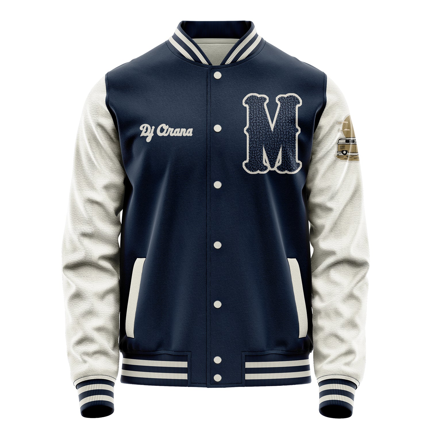 Custom Navy Blue Varsity Jacket Patches Beige Leather Sleeves - Bus