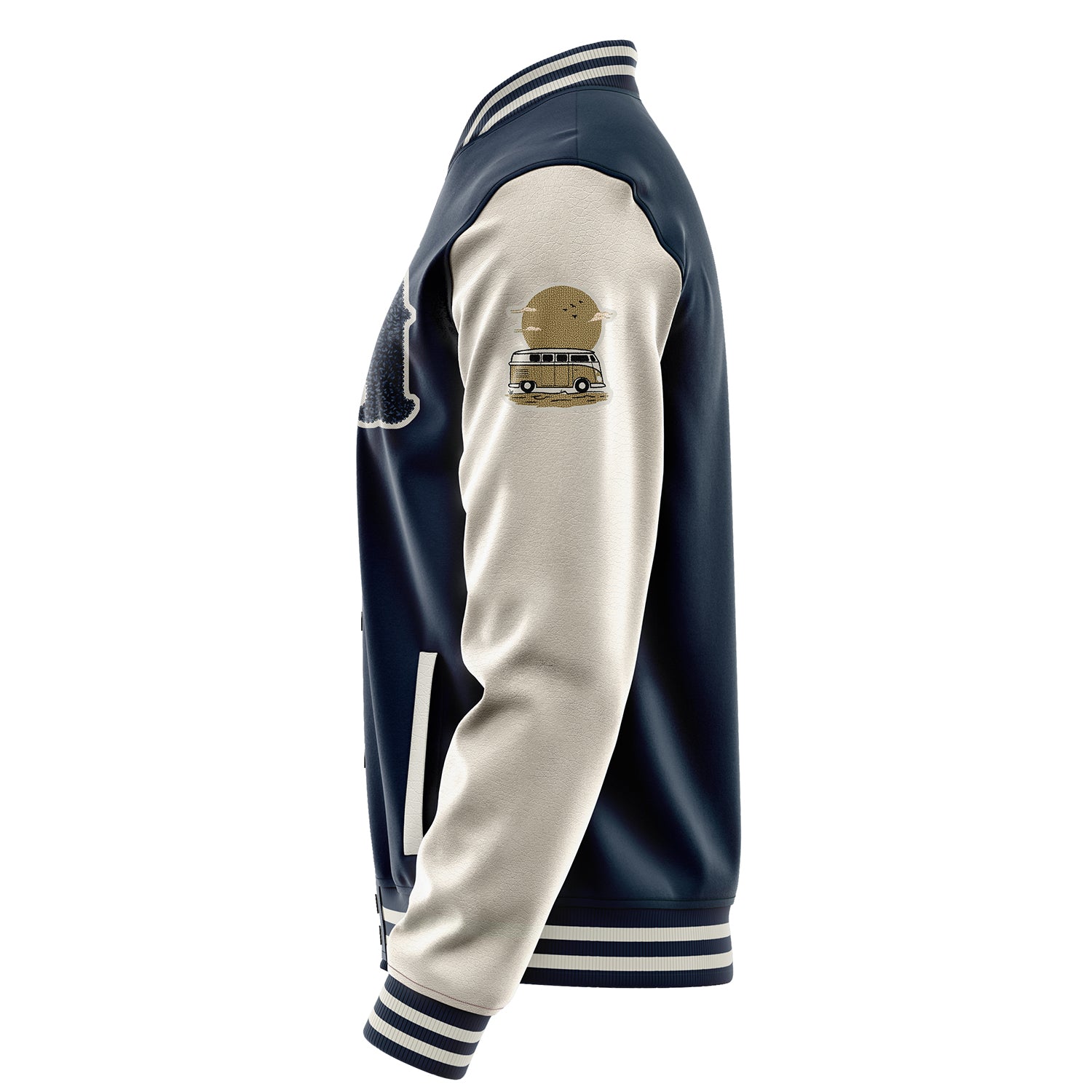 Custom Navy Blue Varsity Jacket Patches Beige Leather Sleeves - Bus