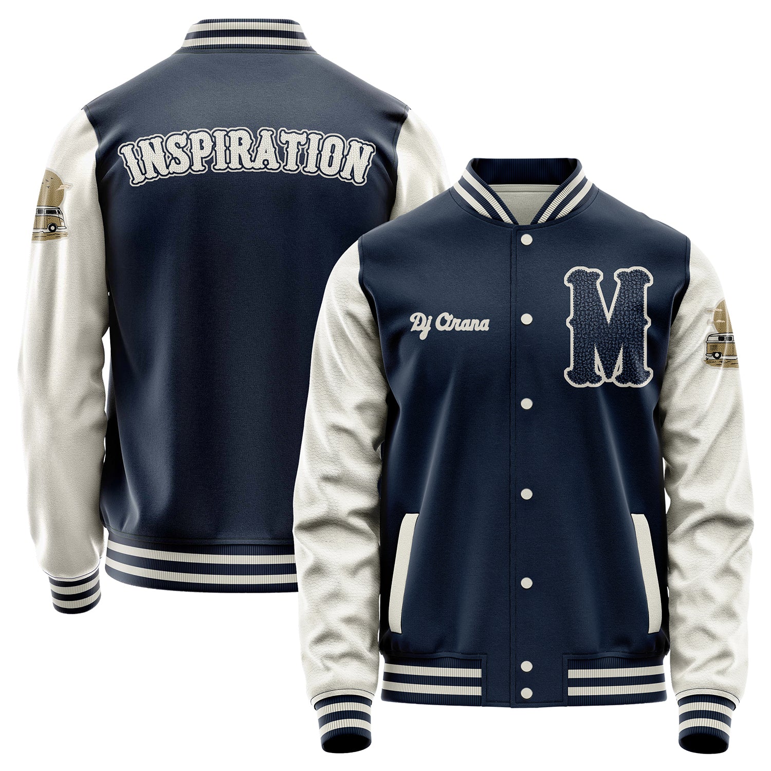 Custom Navy Blue Varsity Jacket Patches Beige Leather Sleeves - Bus