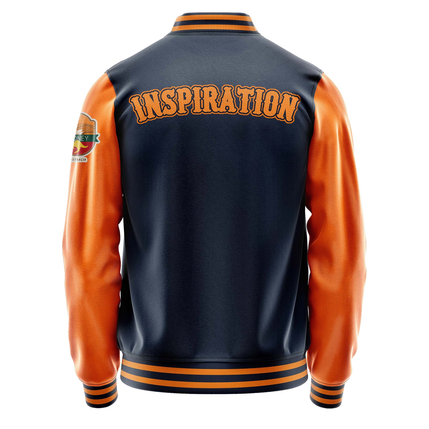 Custom Navy Blue Varsity Jacket Patches Orange Leather Sleeves - Sydney
