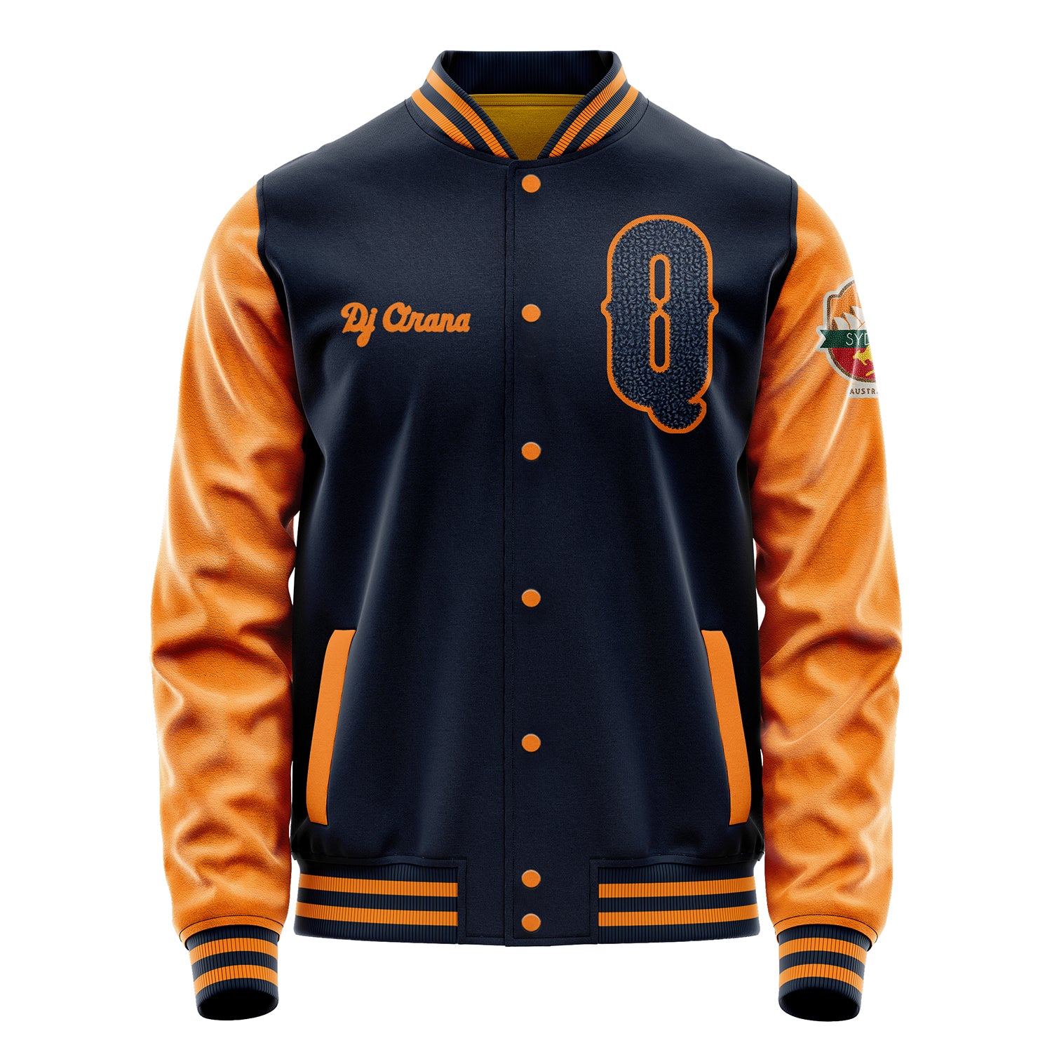 Custom Navy Blue Varsity Jacket Patches Orange Leather Sleeves - Sydney