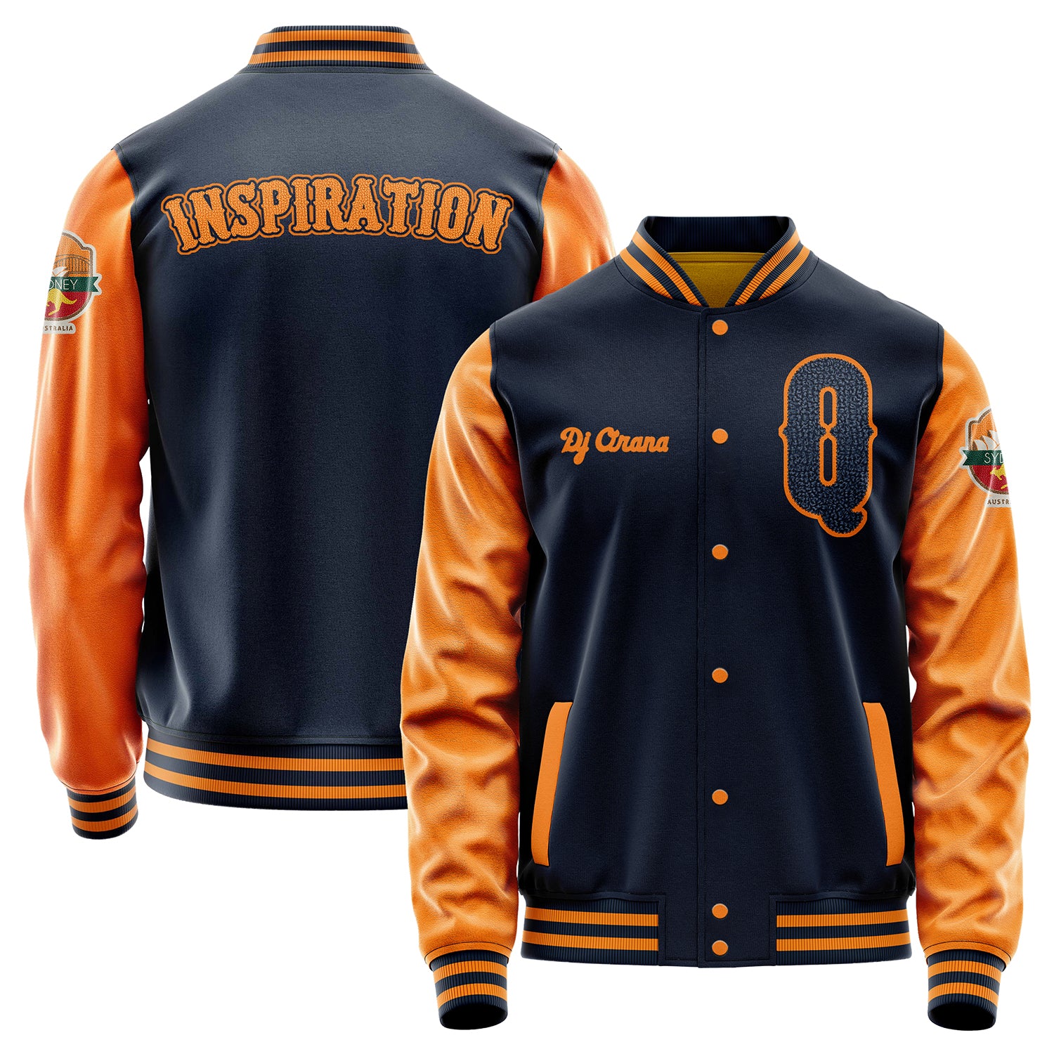 Custom Navy Blue Varsity Jacket Patches Orange Leather Sleeves - Sydney