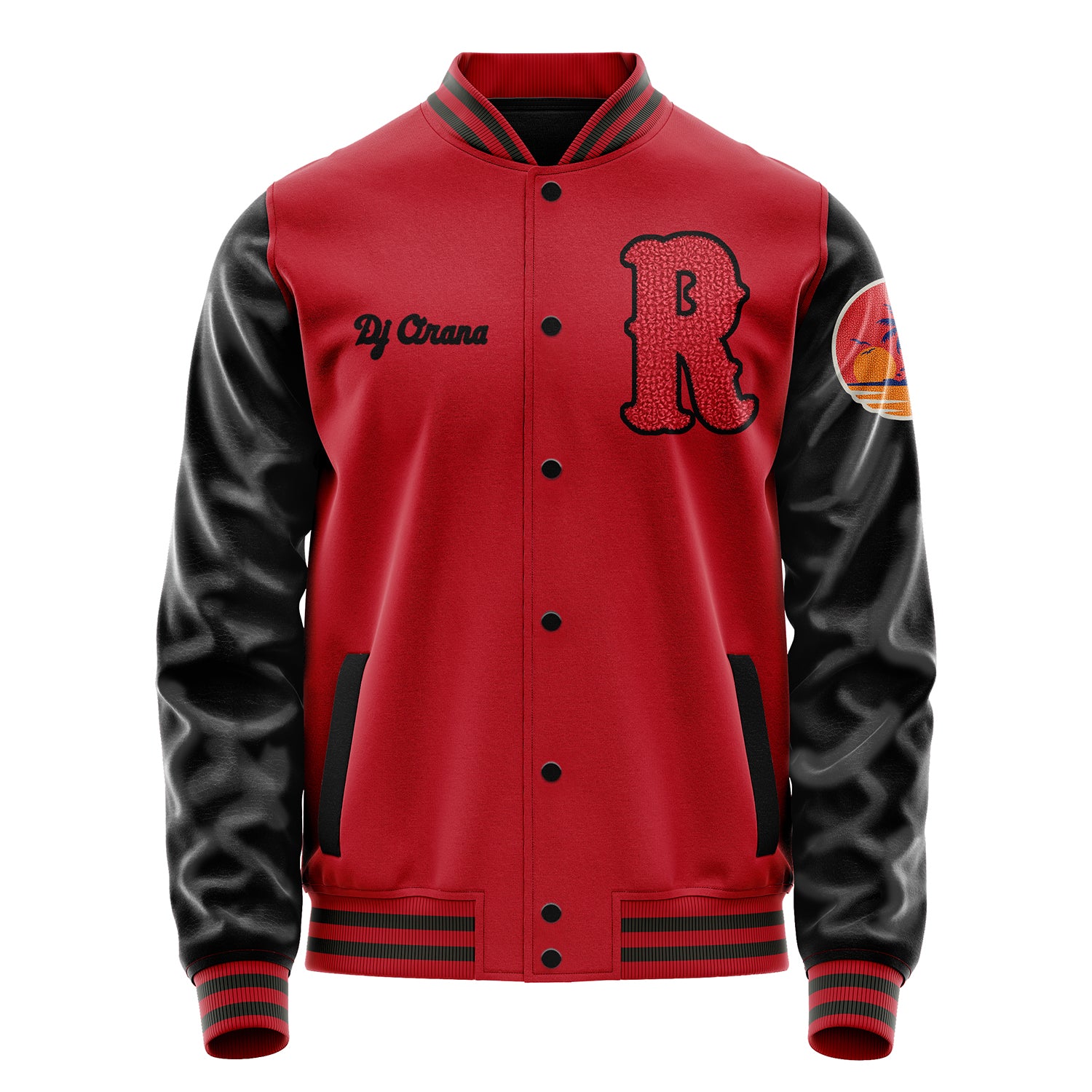 Custom Red Varsity Jacket Patches Black Leather Sleeves - Insel