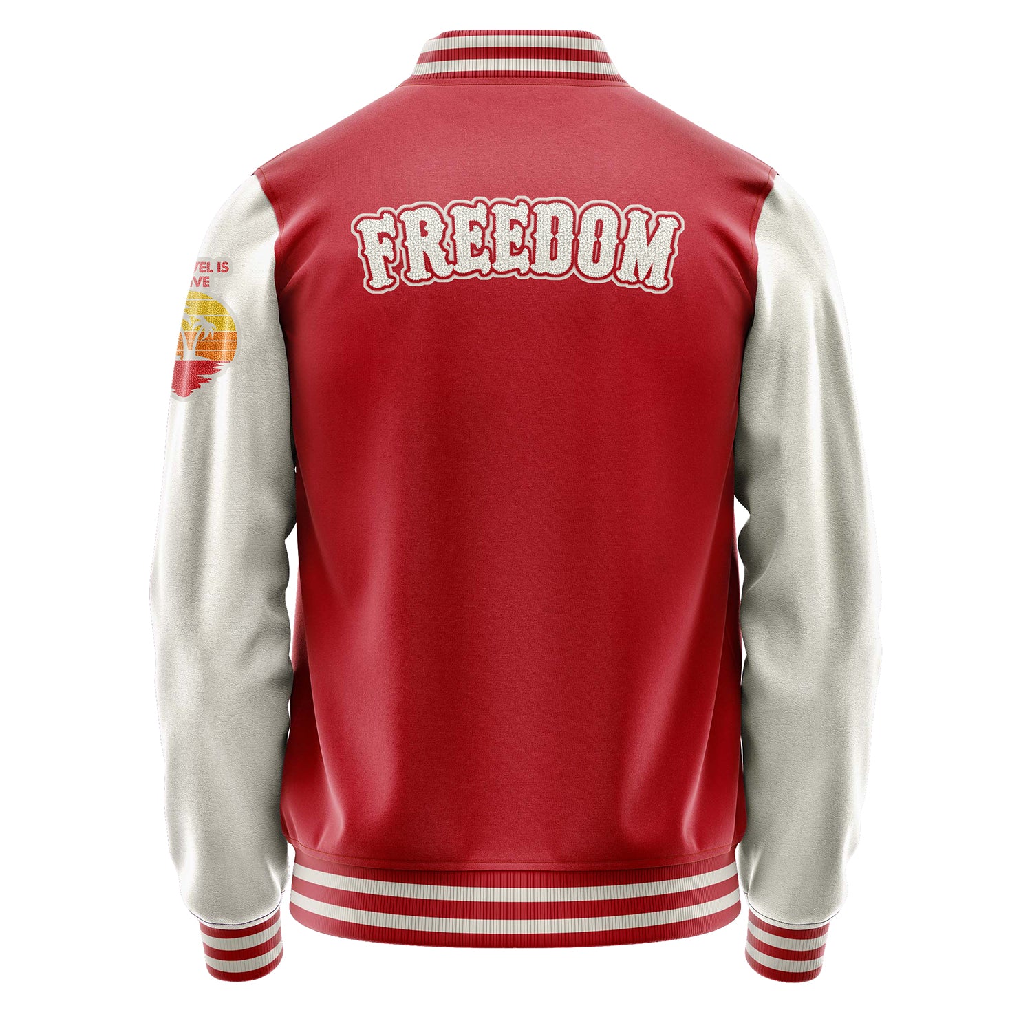 Custom Red Varsity Jacket Patches Beige Leather Sleeves - To Travel is to Live