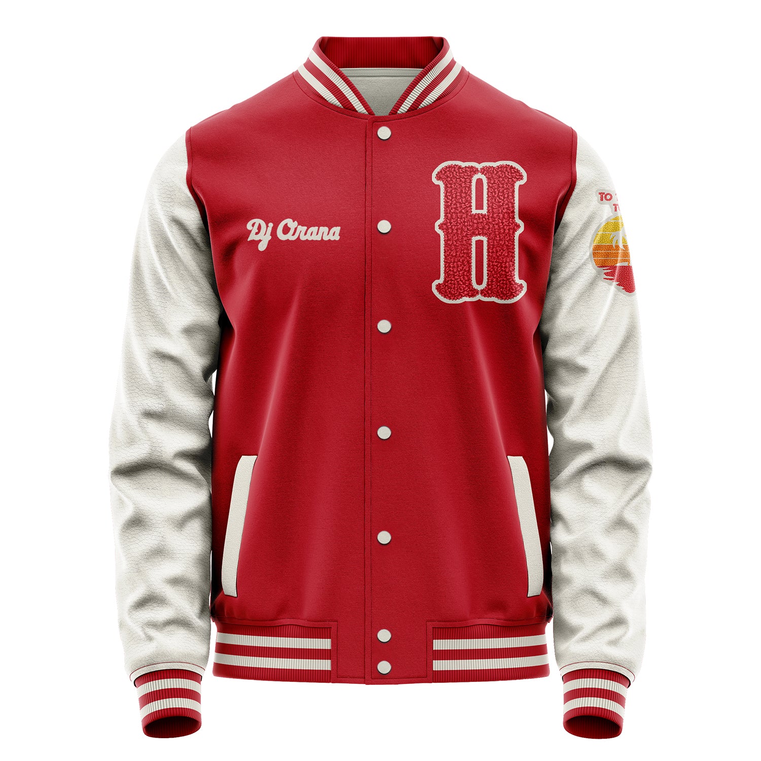 Custom Red Varsity Jacket Patches Beige Leather Sleeves - To Travel is to Live