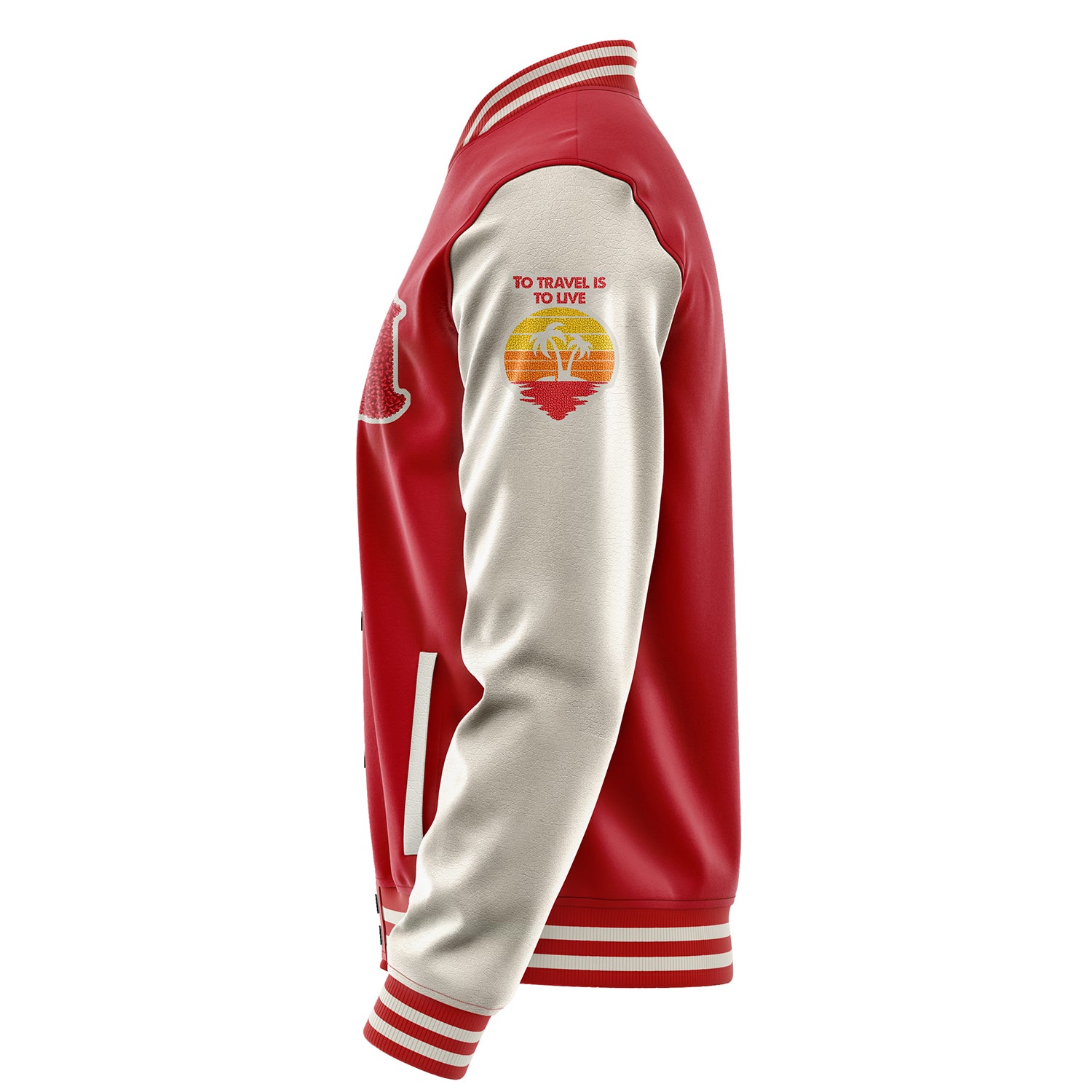 Custom Red Varsity Jacket Patches Beige Leather Sleeves - To Travel is to Live