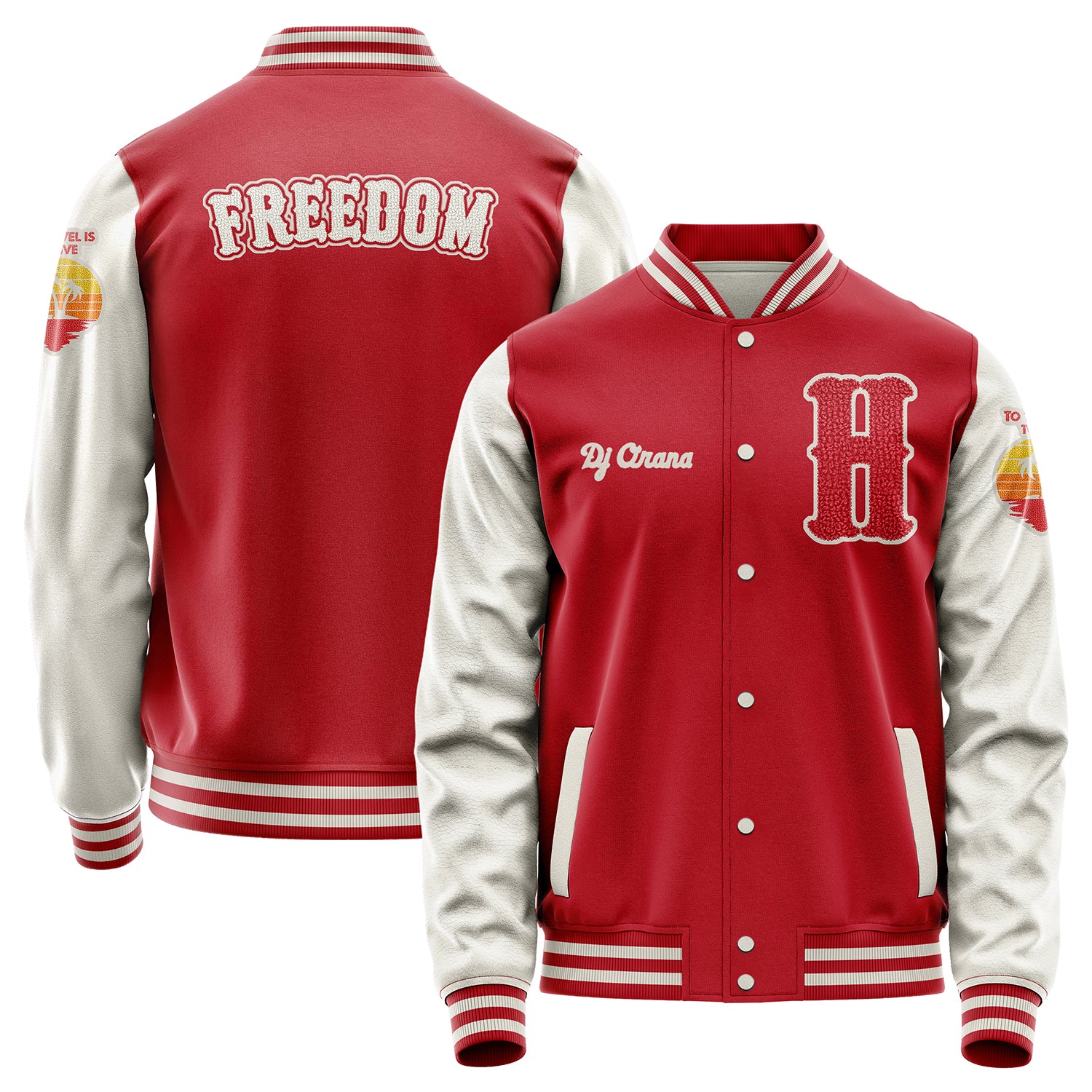 Custom Red Varsity Jacket Patches Beige Leather Sleeves - To Travel is to Live