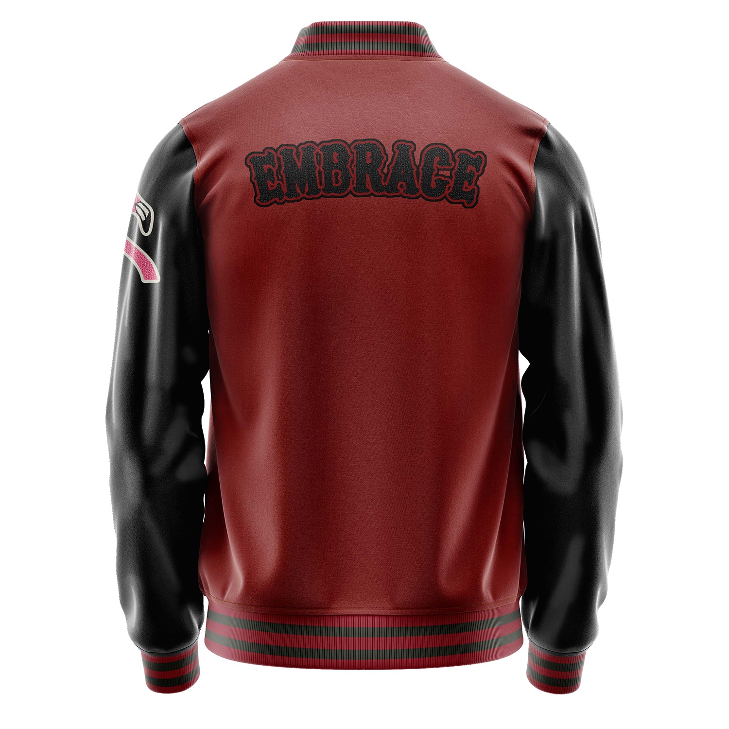 Custom Dark Red Varsity Jacket Patches Black Leather Sleeves - Flamingo