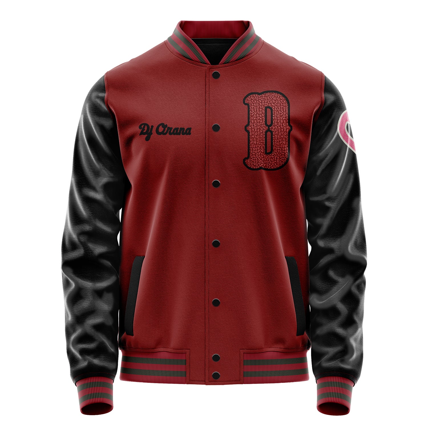 Custom Dark Red Varsity Jacket Patches Black Leather Sleeves - Flamingo